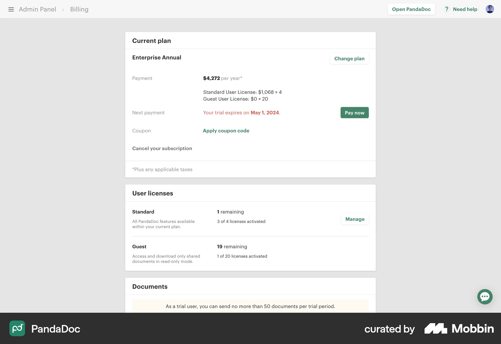 PandaDoc Web Billing screen