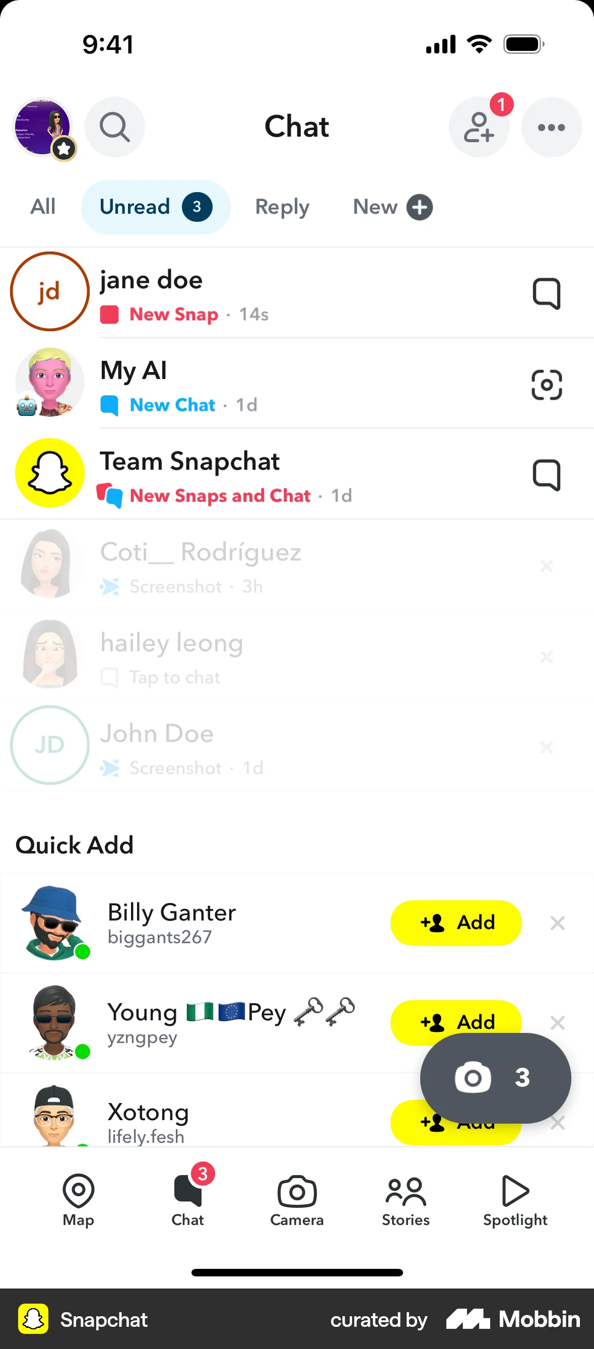 Snapchat iOS screen containing Floating Action Button UI element