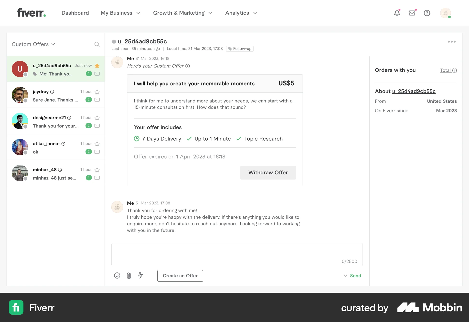Fiverr Web Emails & Messages screen