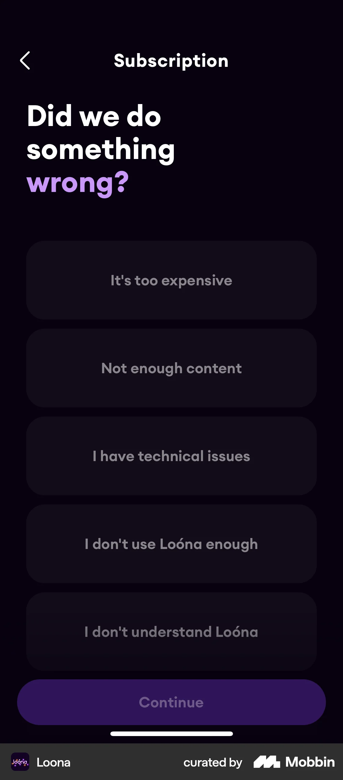 Loona iOS Feedback screen