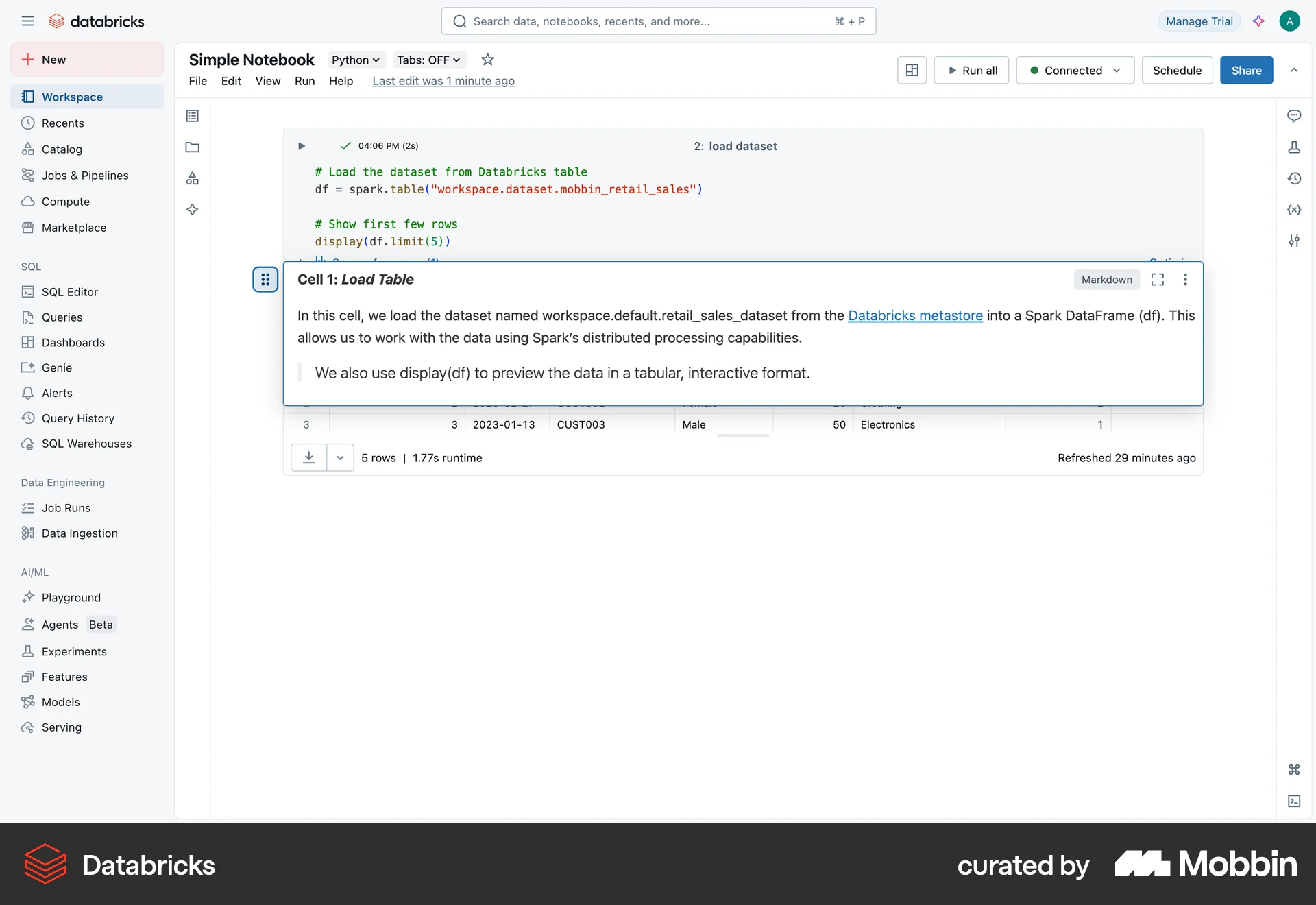 Databricks Web Reorder screen