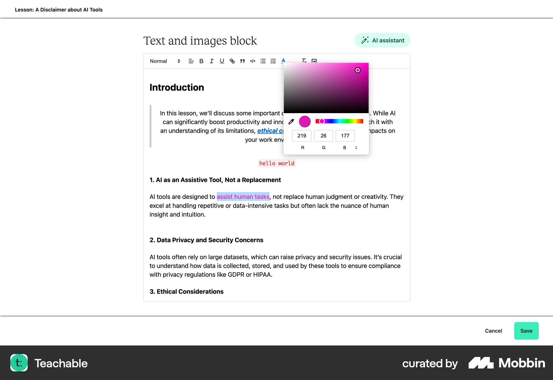 Teachable Web screen containing Color Picker UI element