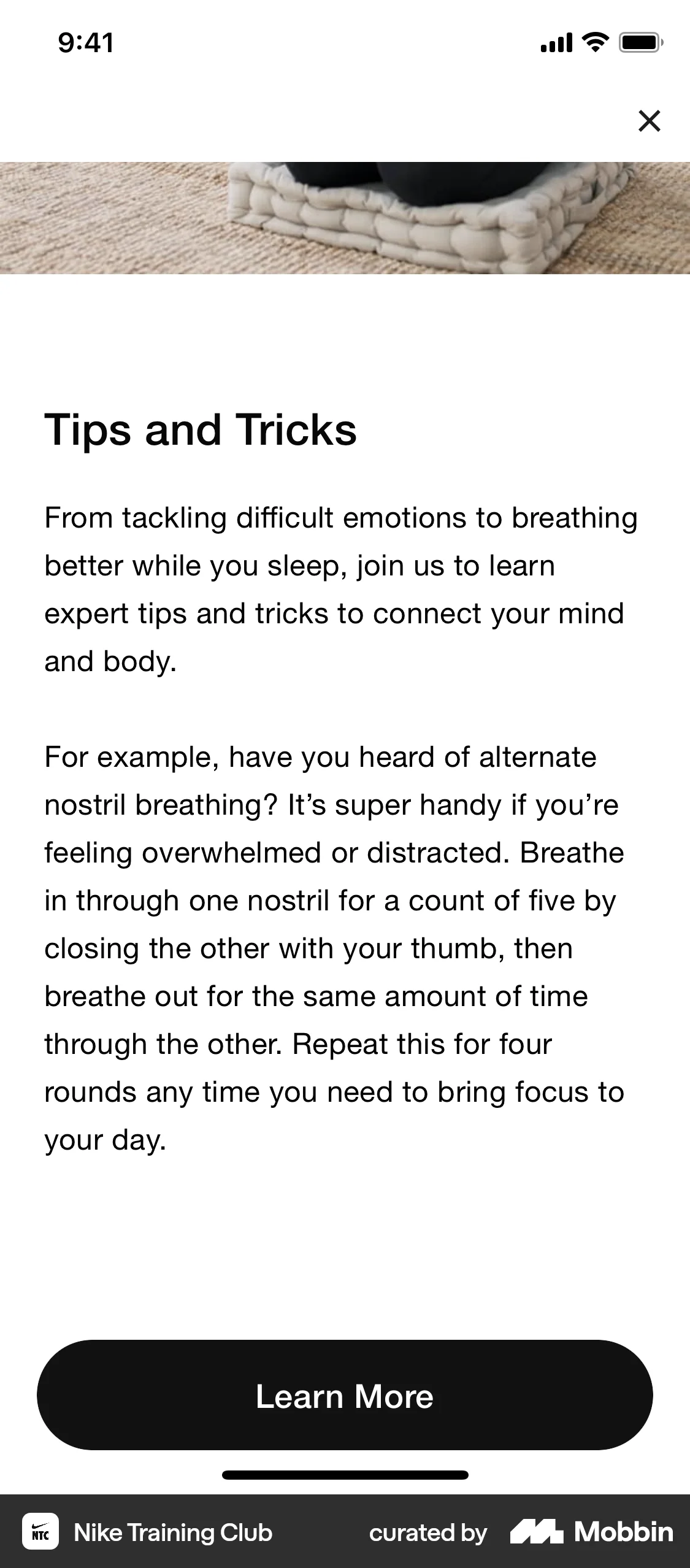 Nike Training Club iOS Article Detail screen