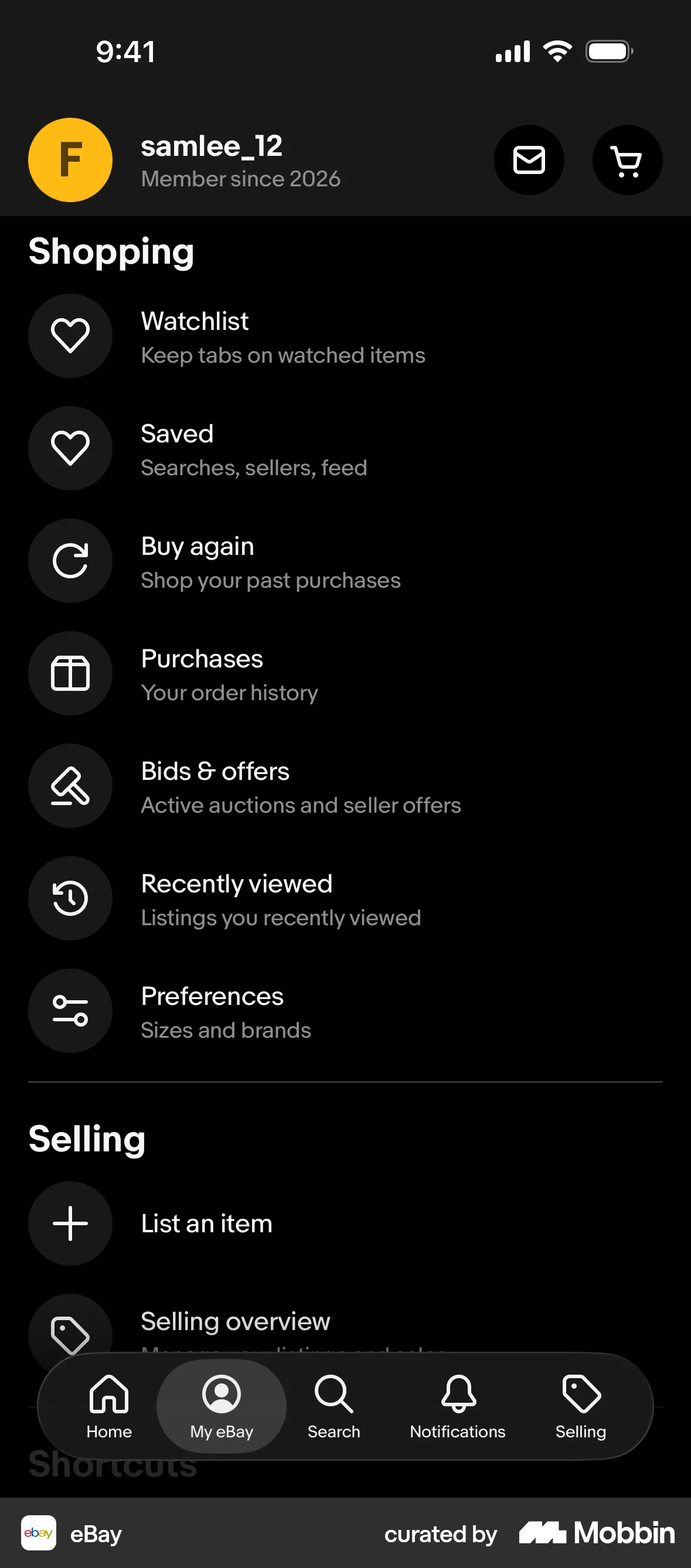 eBay iOS Dark Mode screen