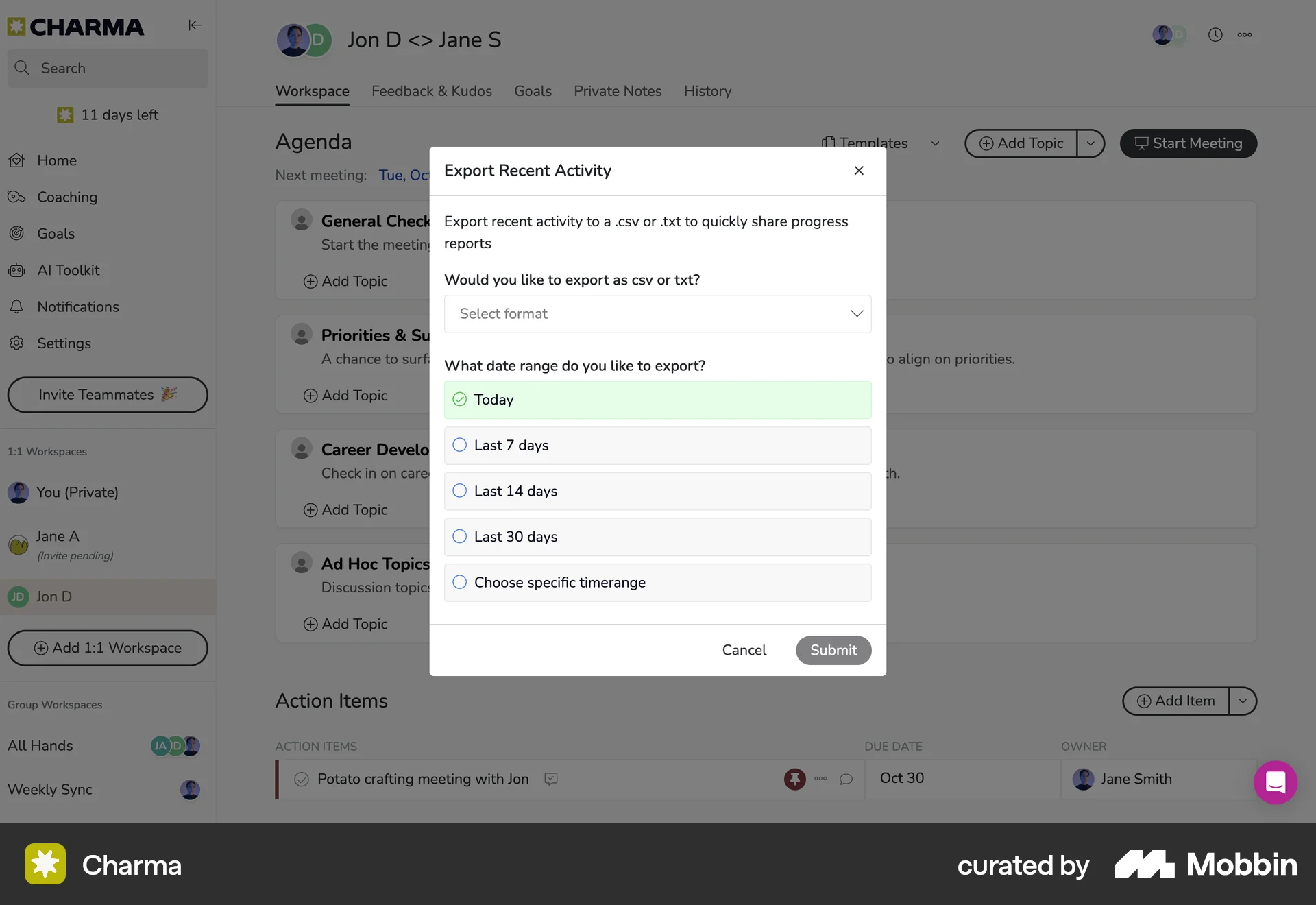 Charma Web Import & Export screen