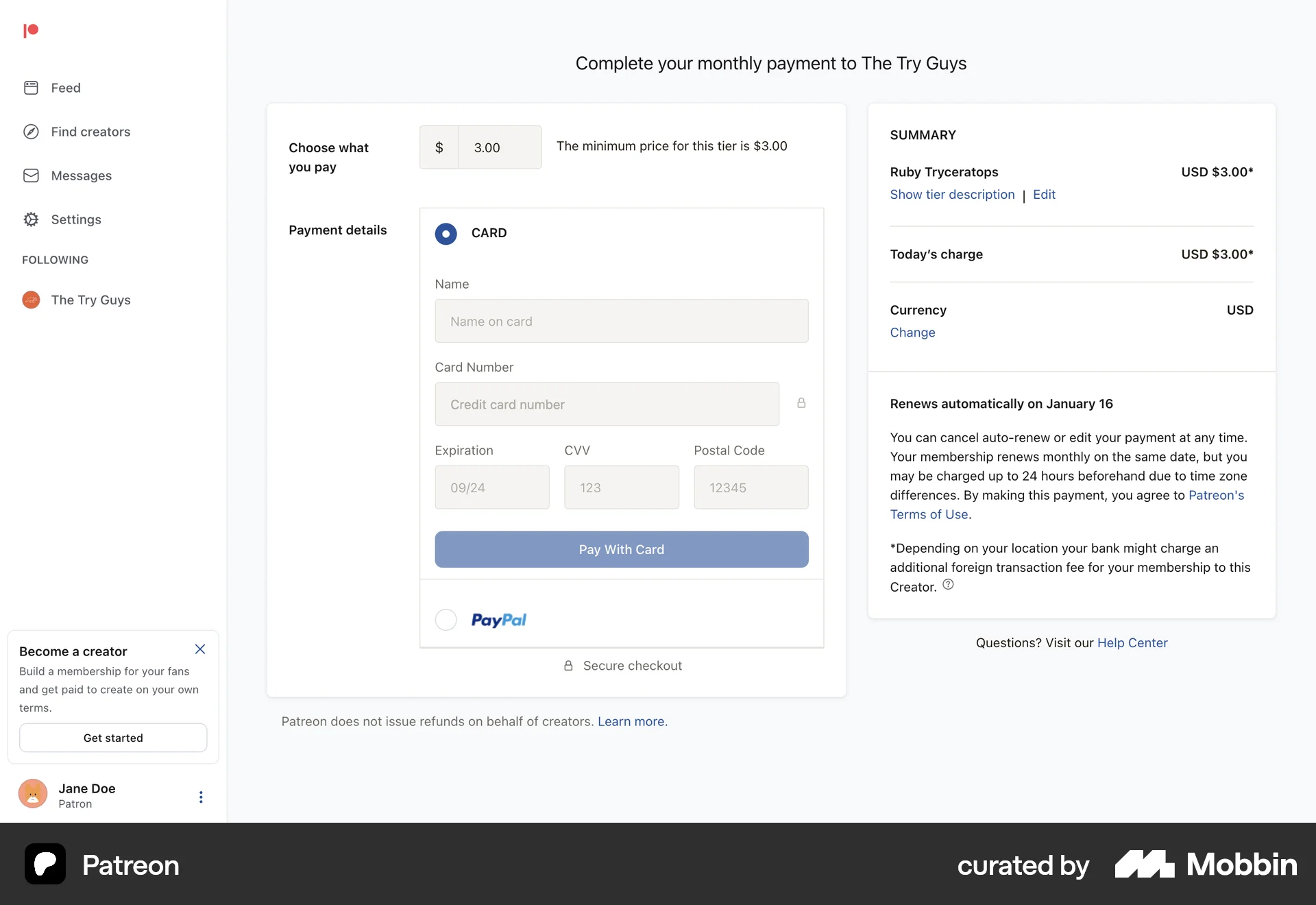 Patreon Web Checkout screen