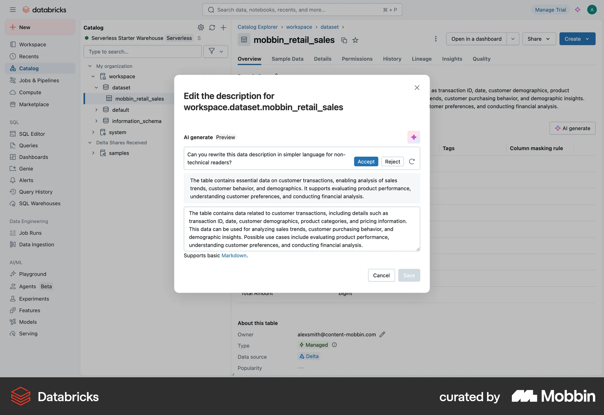 Databricks Web Edit screen