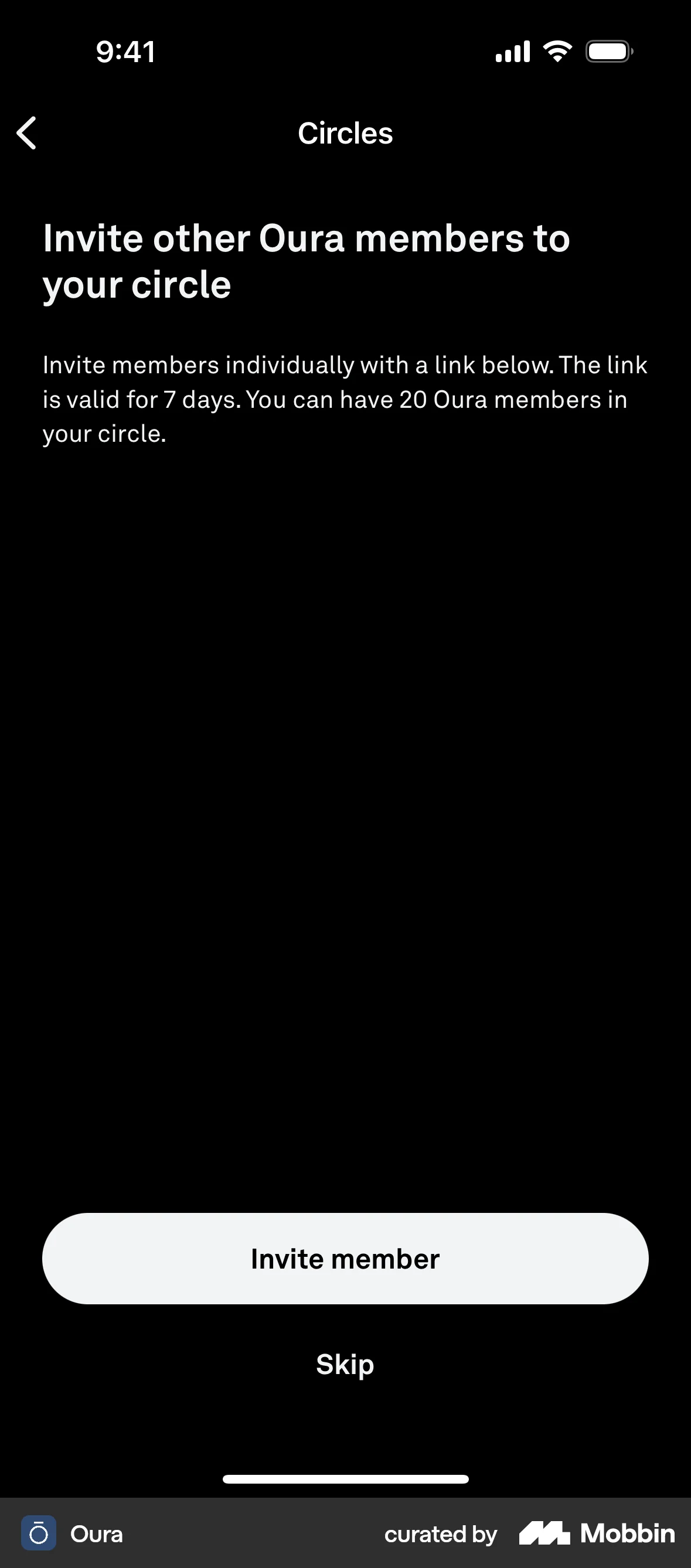 Oura iOS Invite Teammates screen