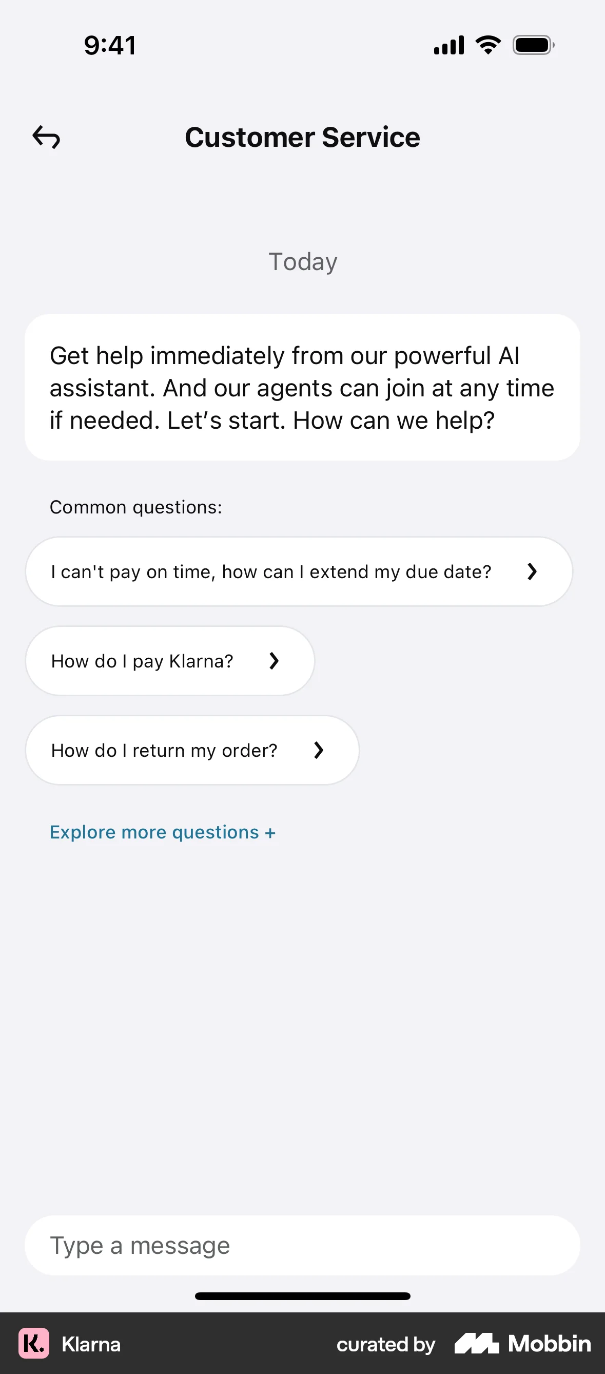 Klarna iOS Chat Bot screen
