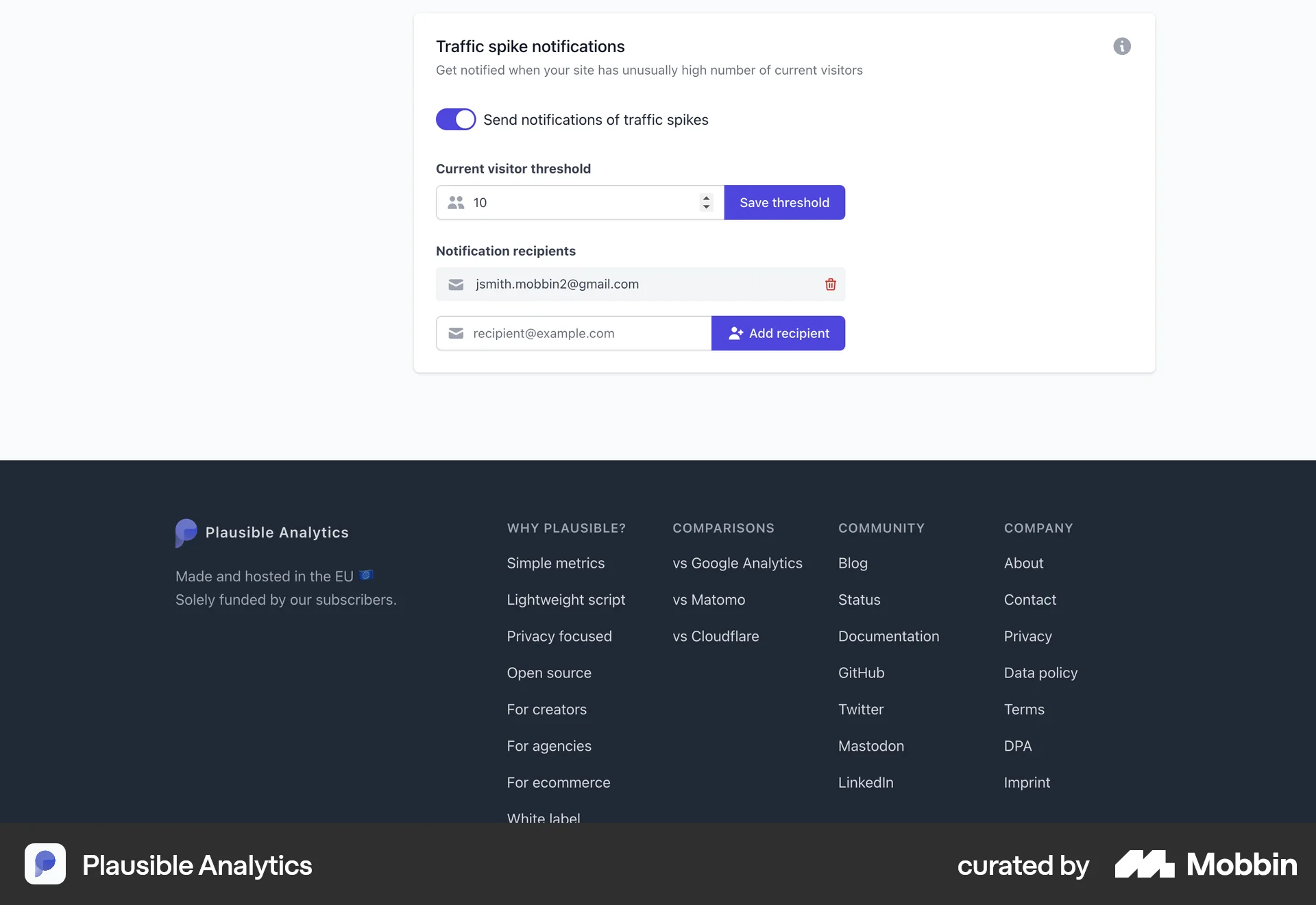 Plausible Analytics Web Set screen