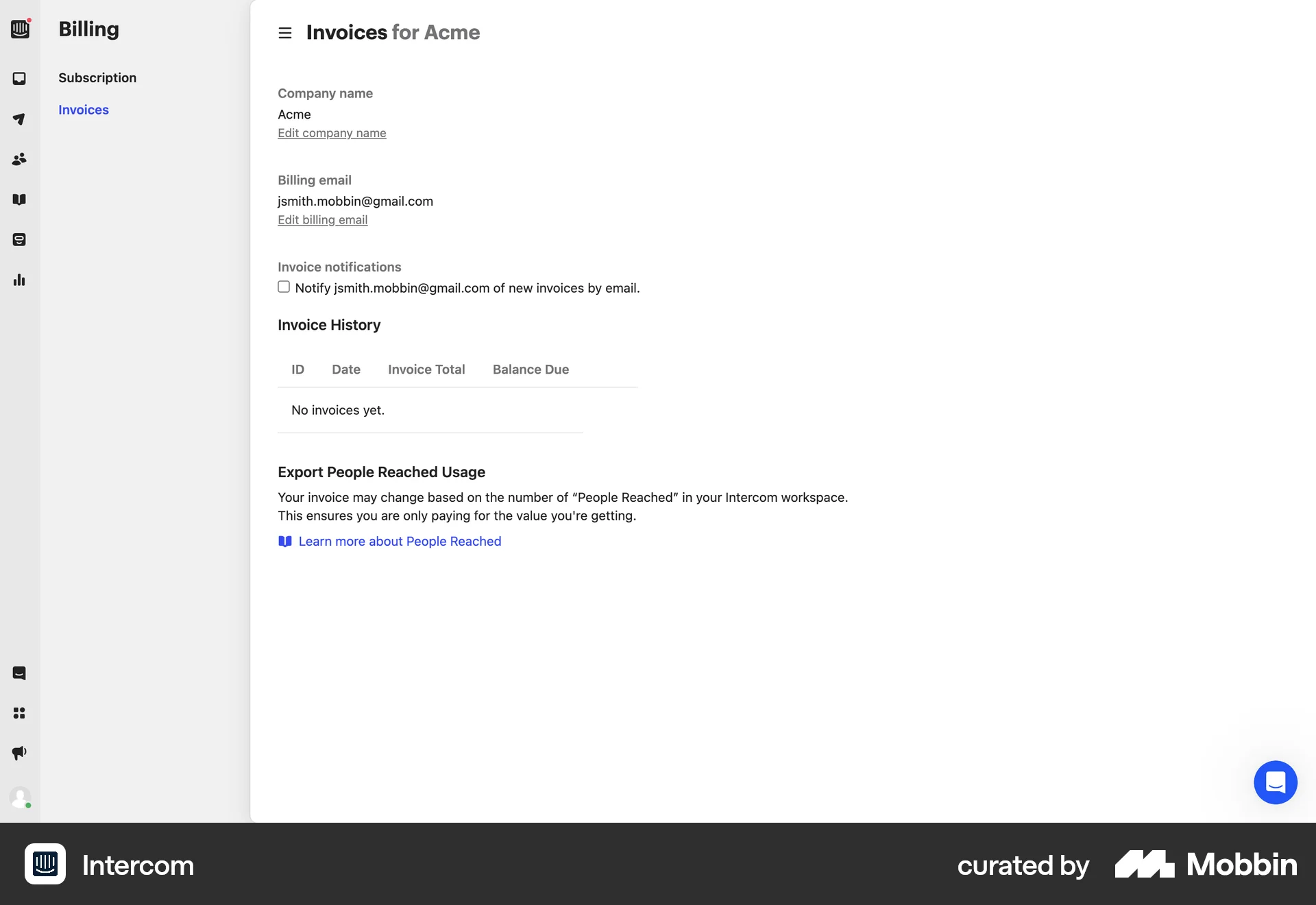 Intercom Web Order History screen