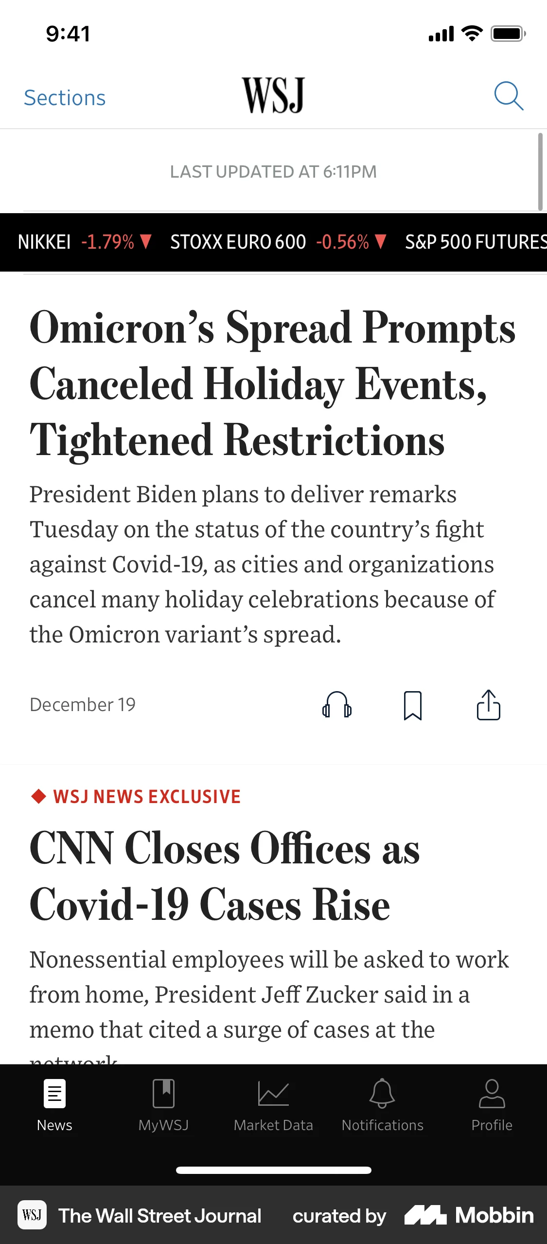The Wall Street Journal iOS Pull to Refresh screen