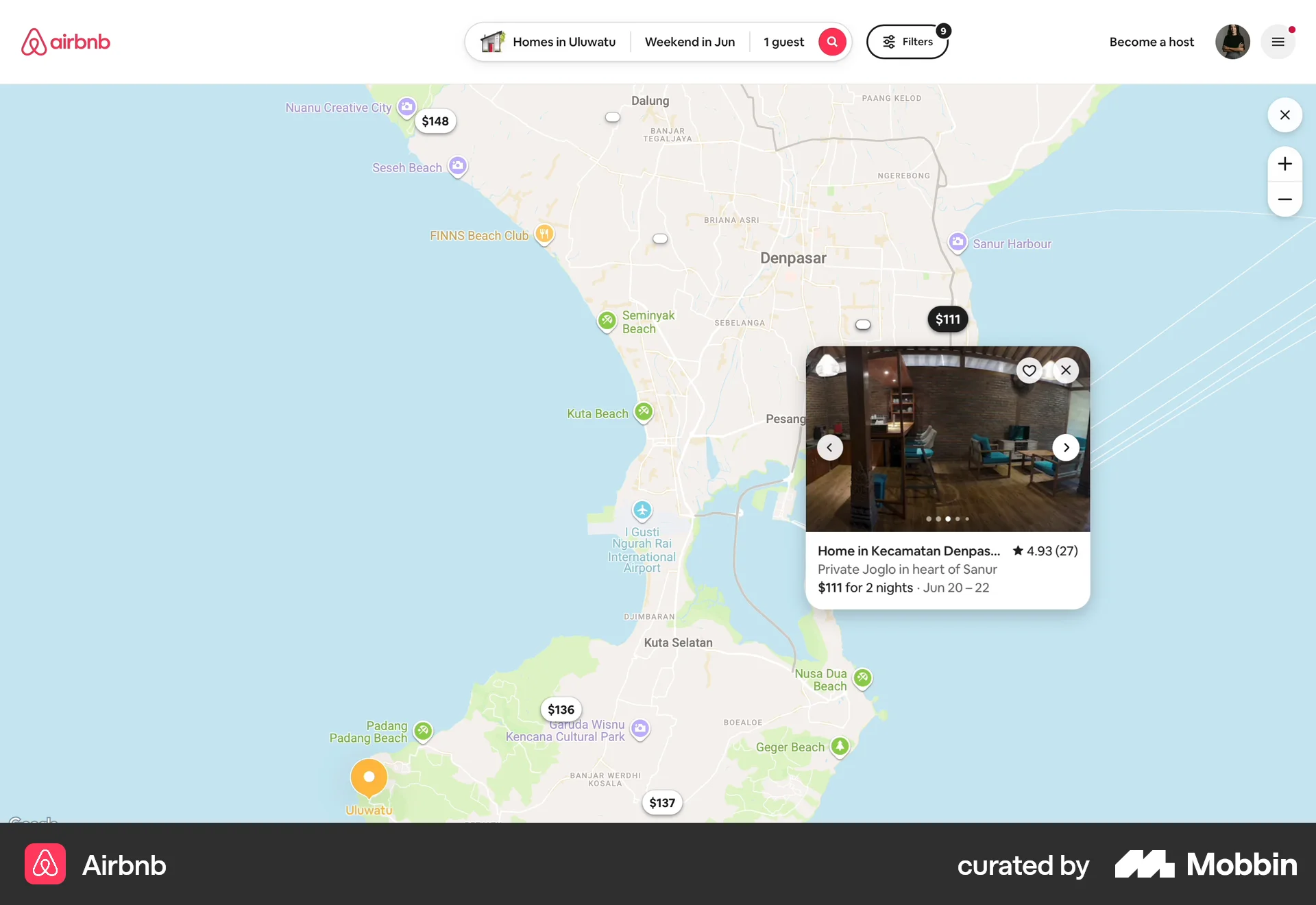 Airbnb Web screen containing Map Pin UI element