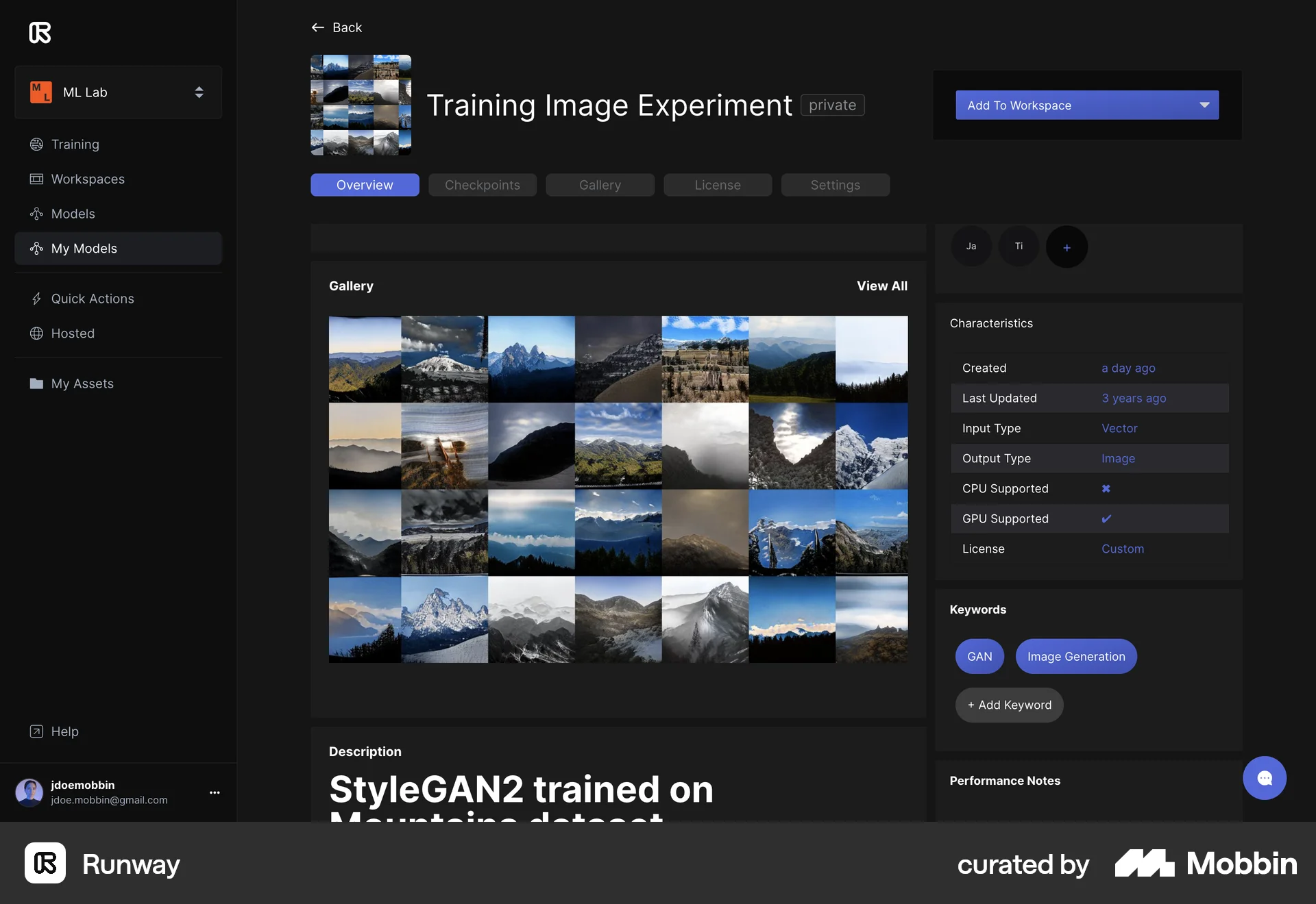 Runway Web screen containing Gallery UI element