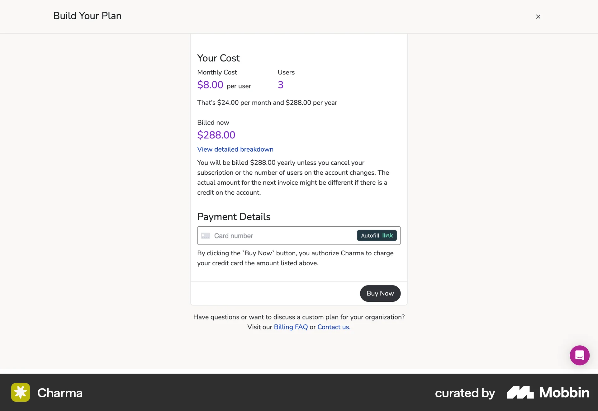 Charma Web Payment Method screen