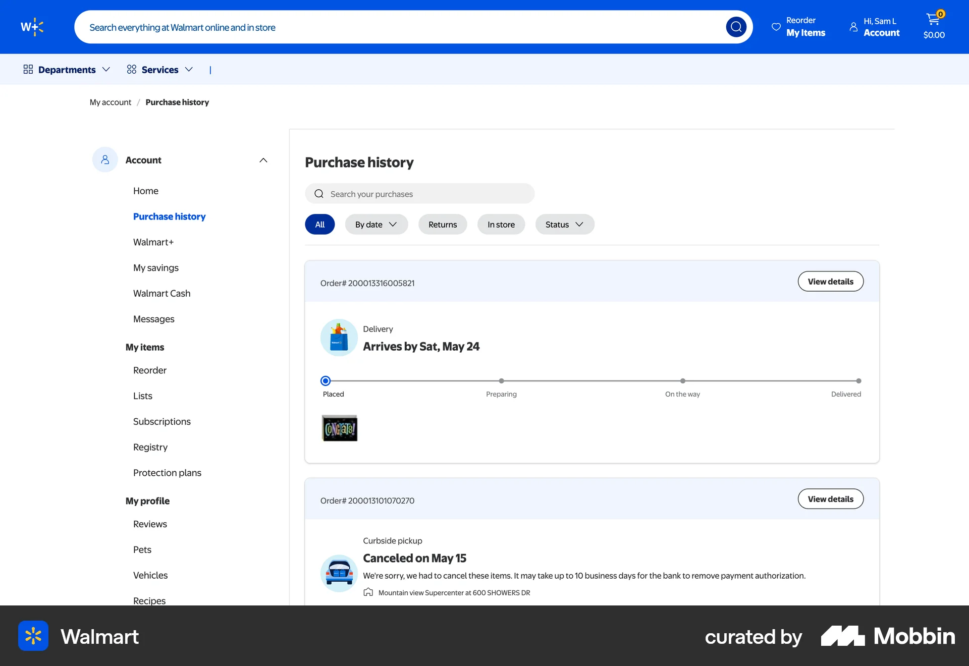 Walmart Web Order History screen