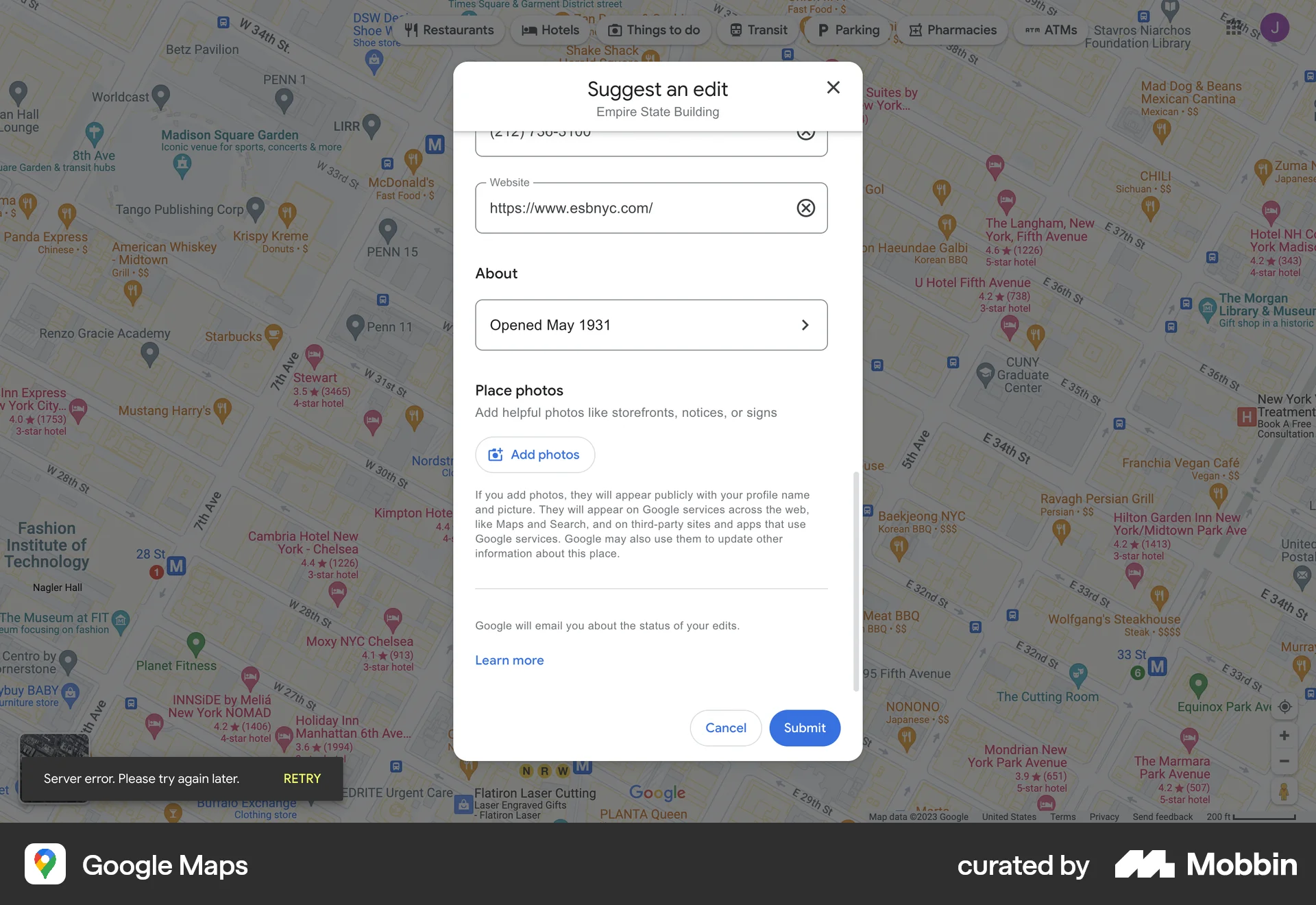 Google Maps Web screen containing Toast UI element