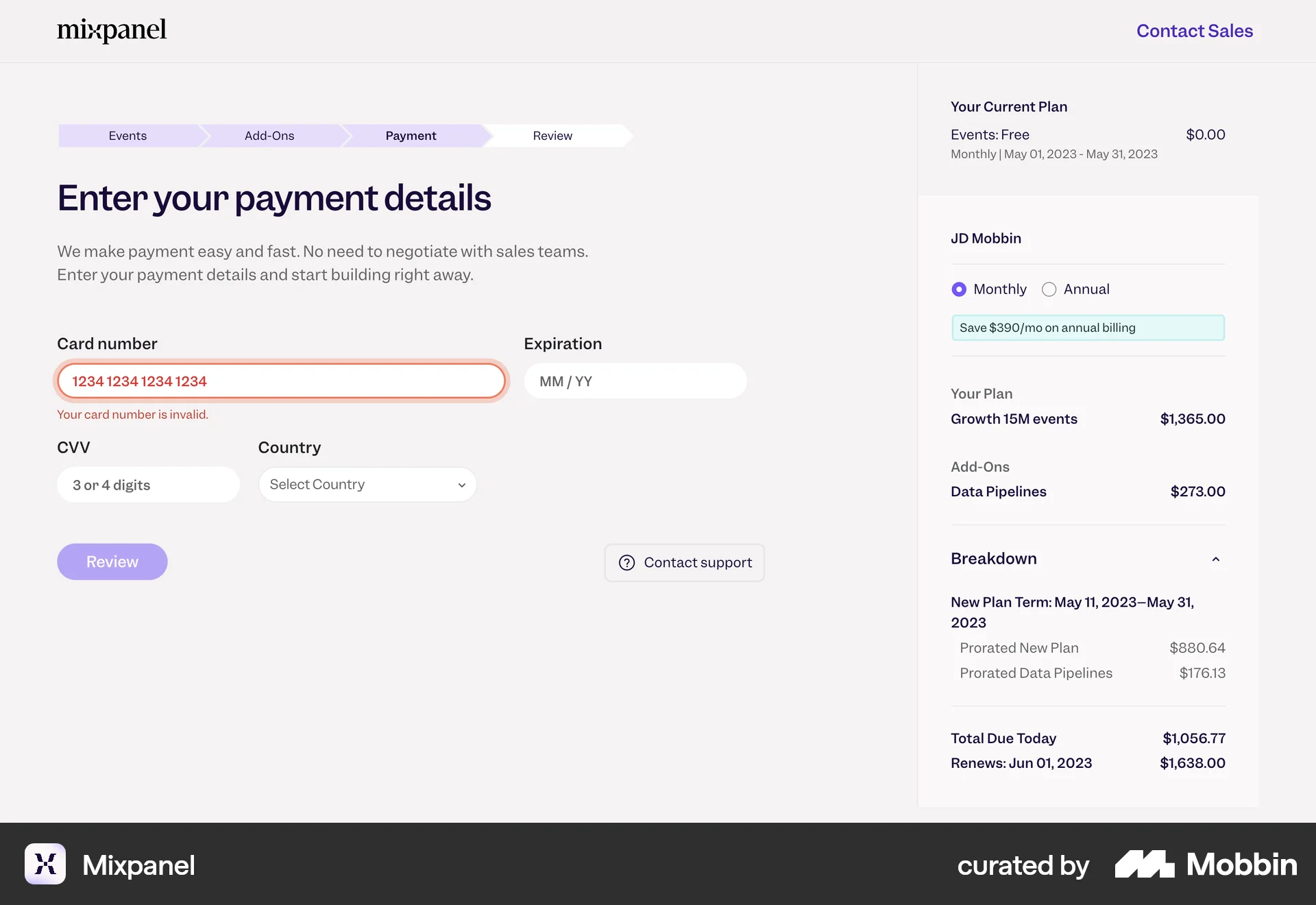 Mixpanel Web Payment Method screen