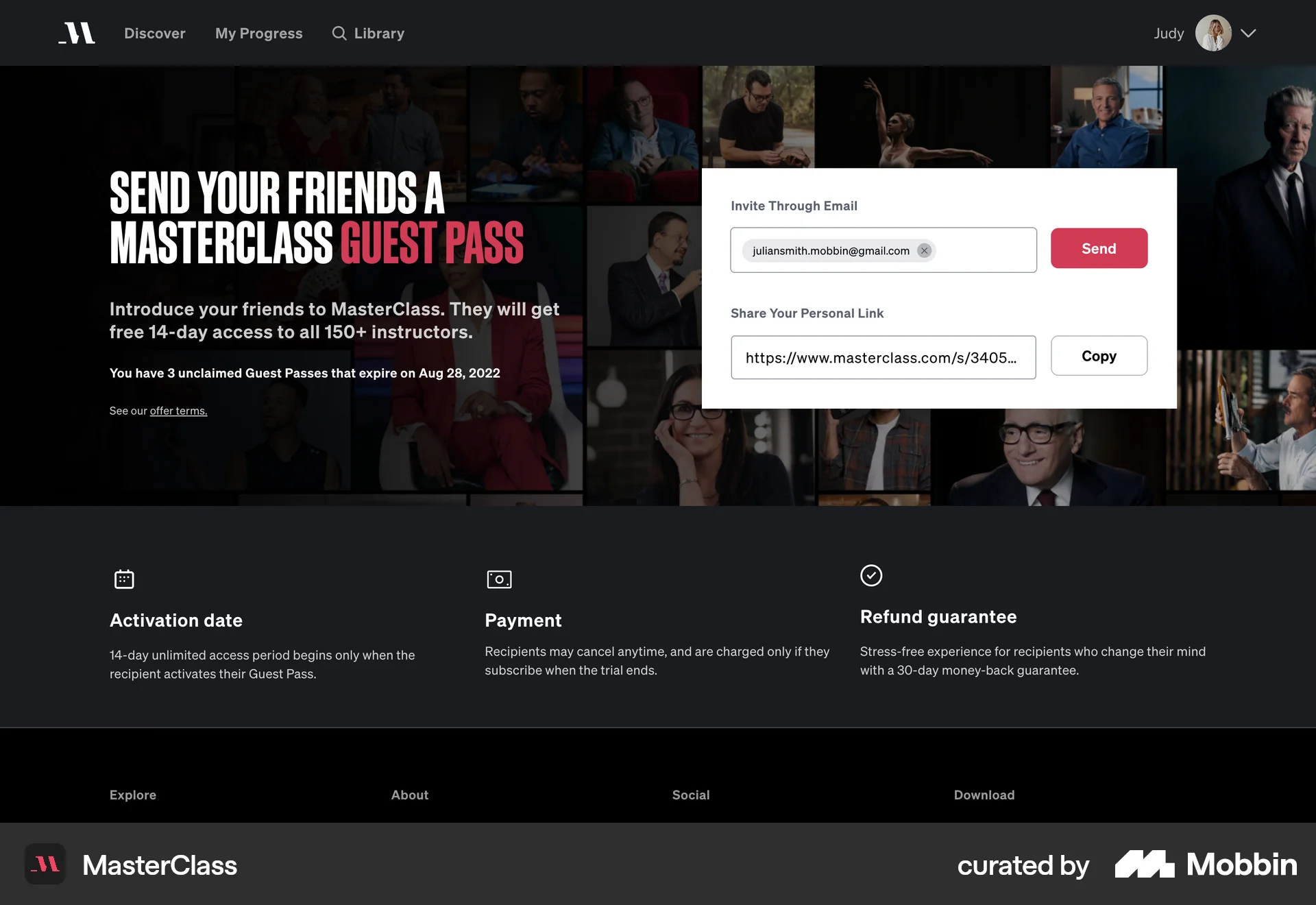 MasterClass Web Invite & Refer Friends screen