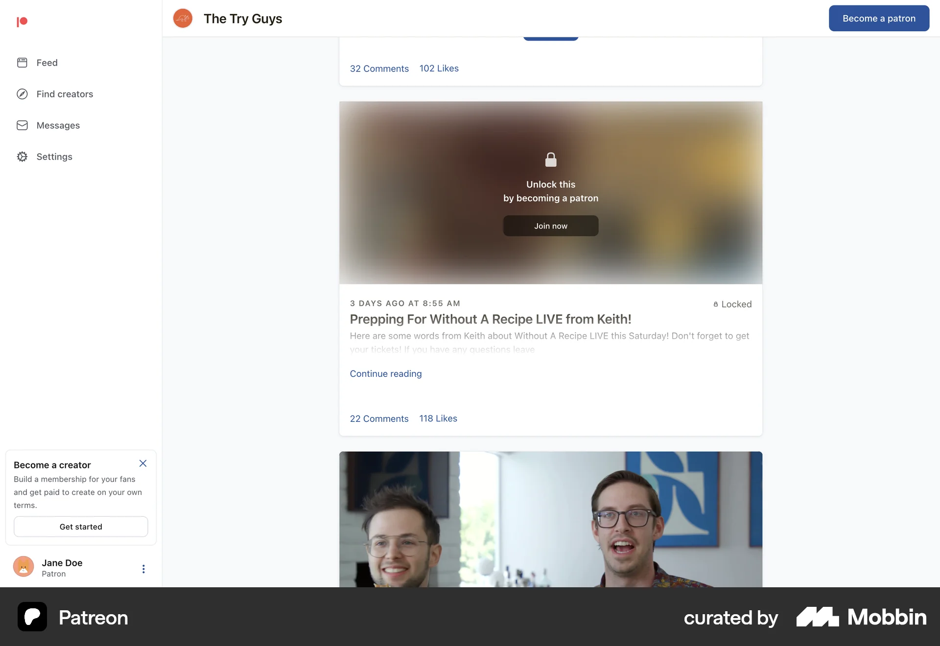 Patreon Web Social Networking App screen