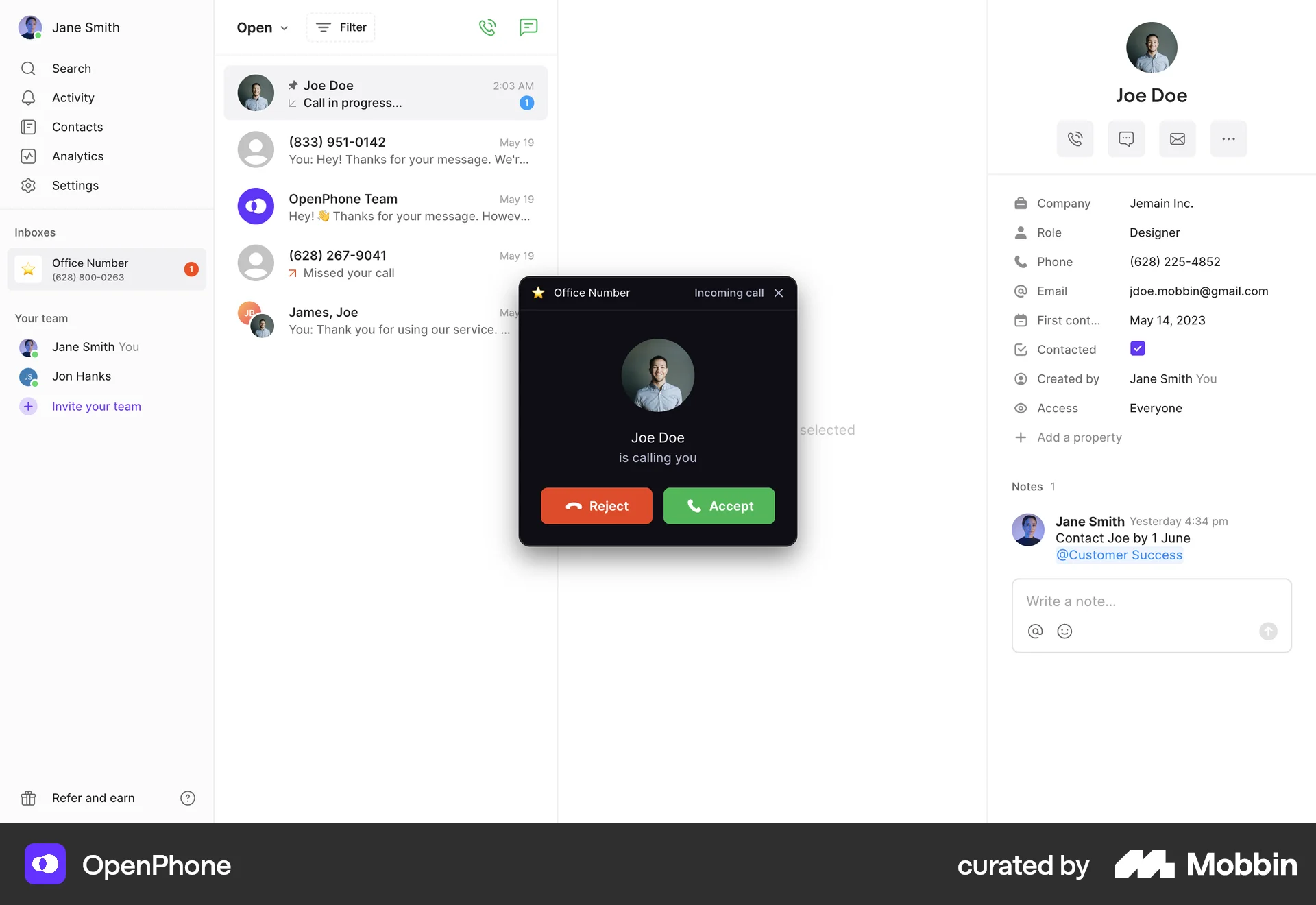 OpenPhone Web Call screen