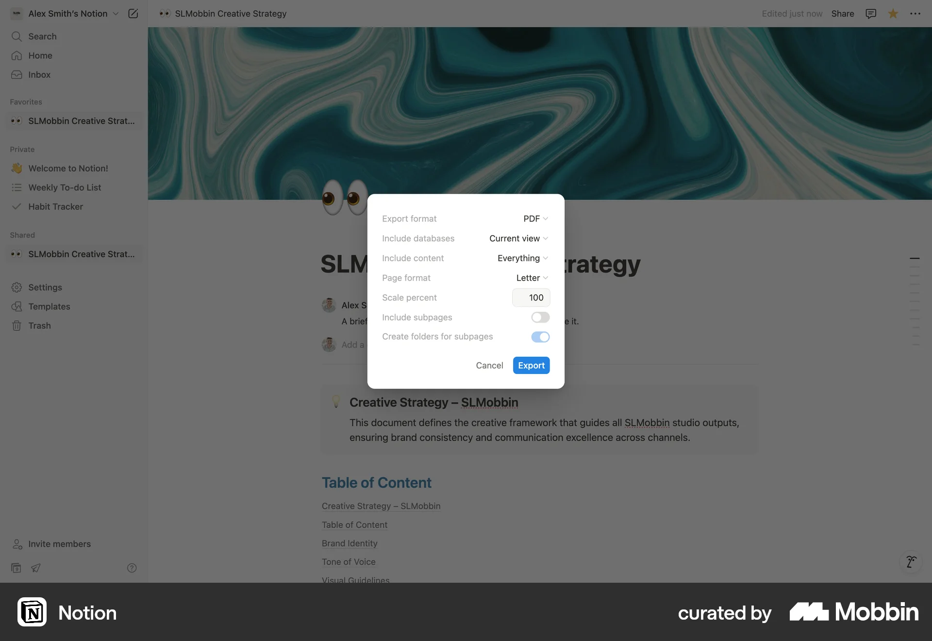 Notion Web Import & Export screen