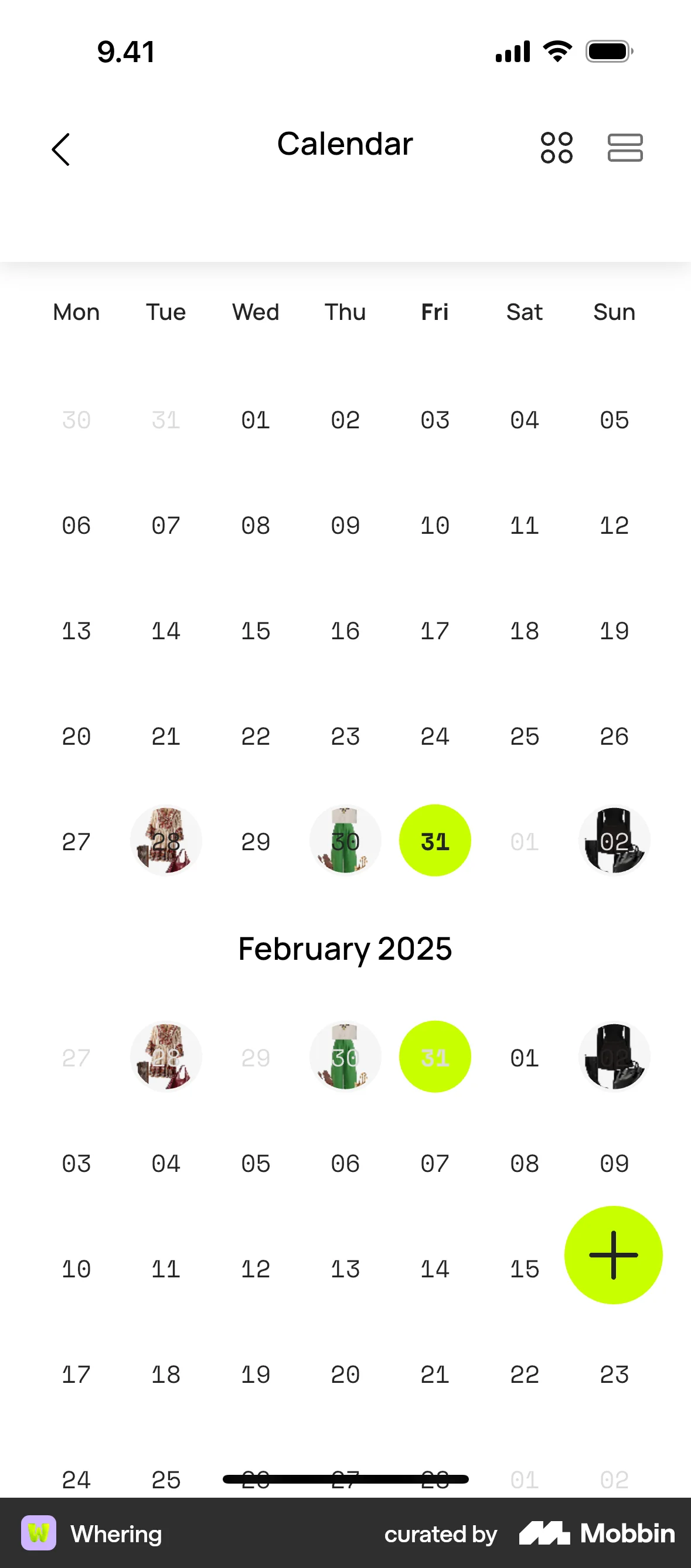 Whering iOS Calendar screen