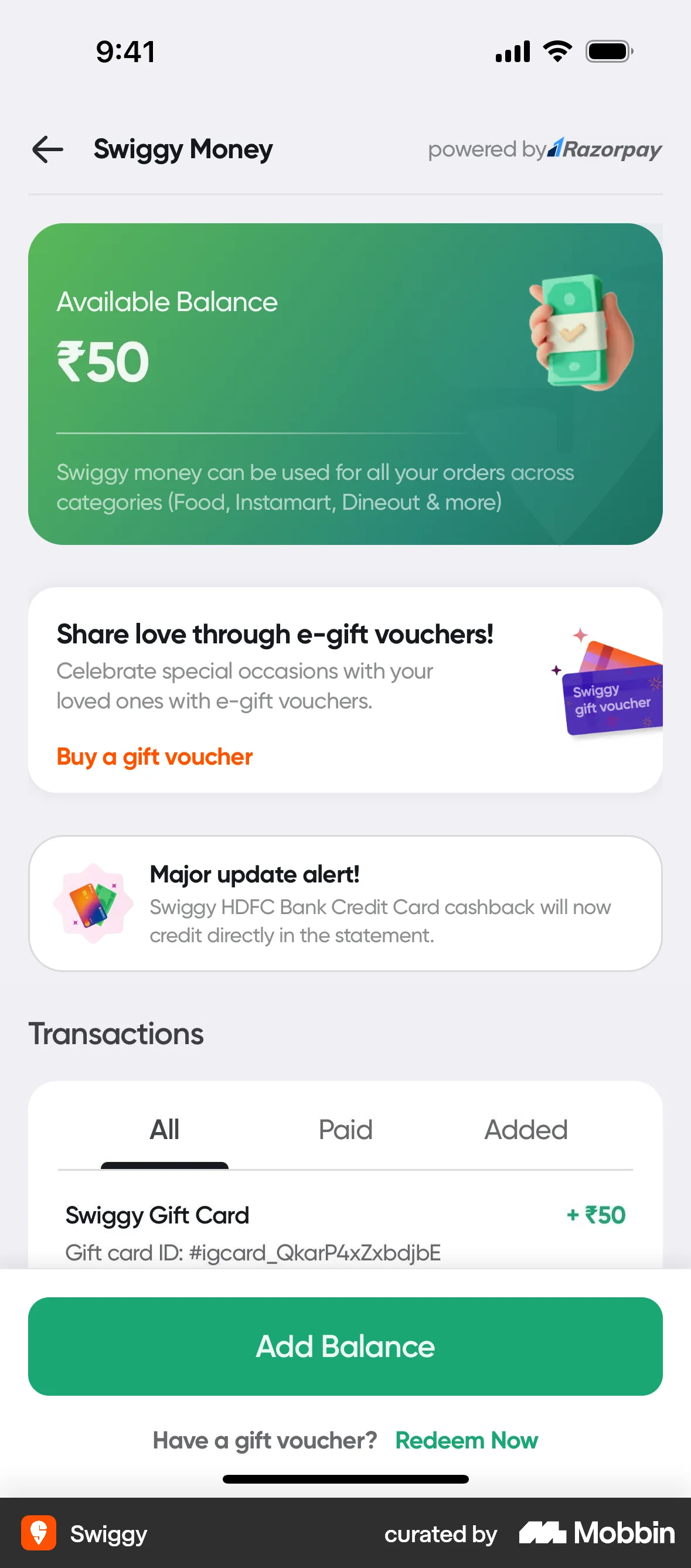 Swiggy iOS Wallet & Balance screen