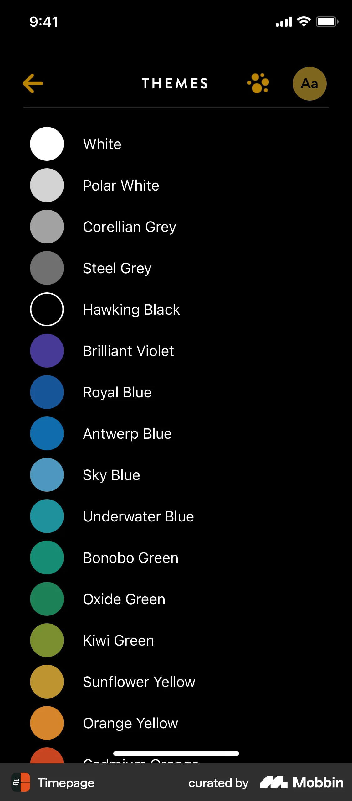 Timepage iOS screen containing Color Picker UI element