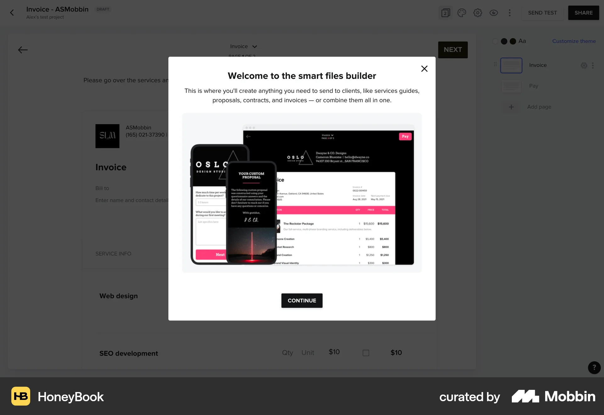 HoneyBook Web screen containing Coach Marks UI element