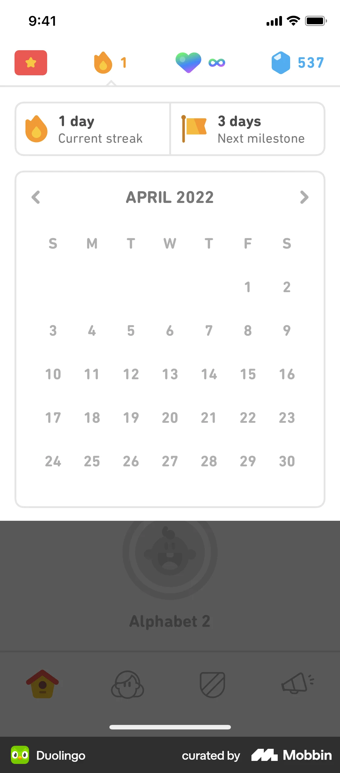 Duolingo iOS Calendar screen