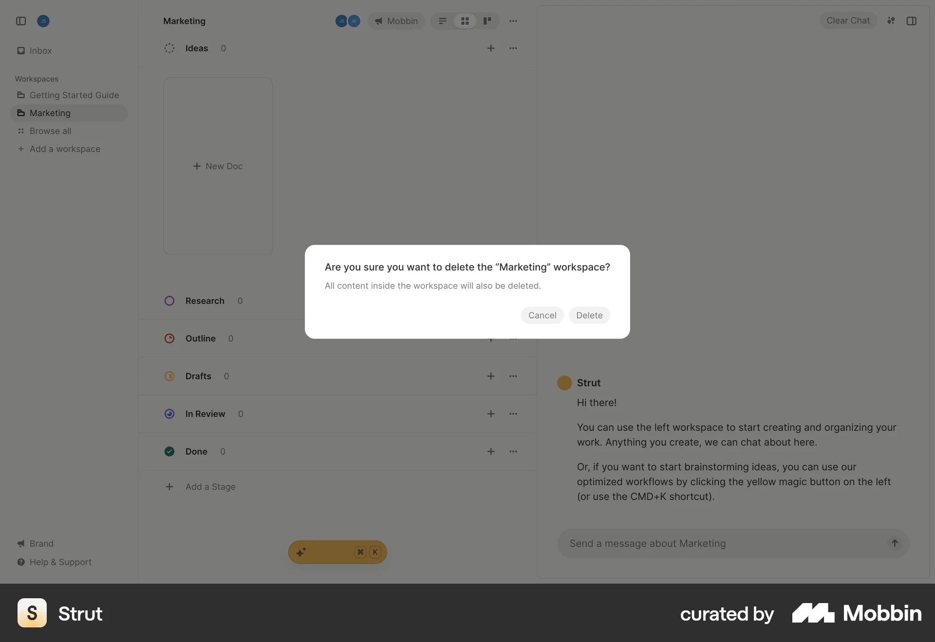 Strut Web Confirmation screen