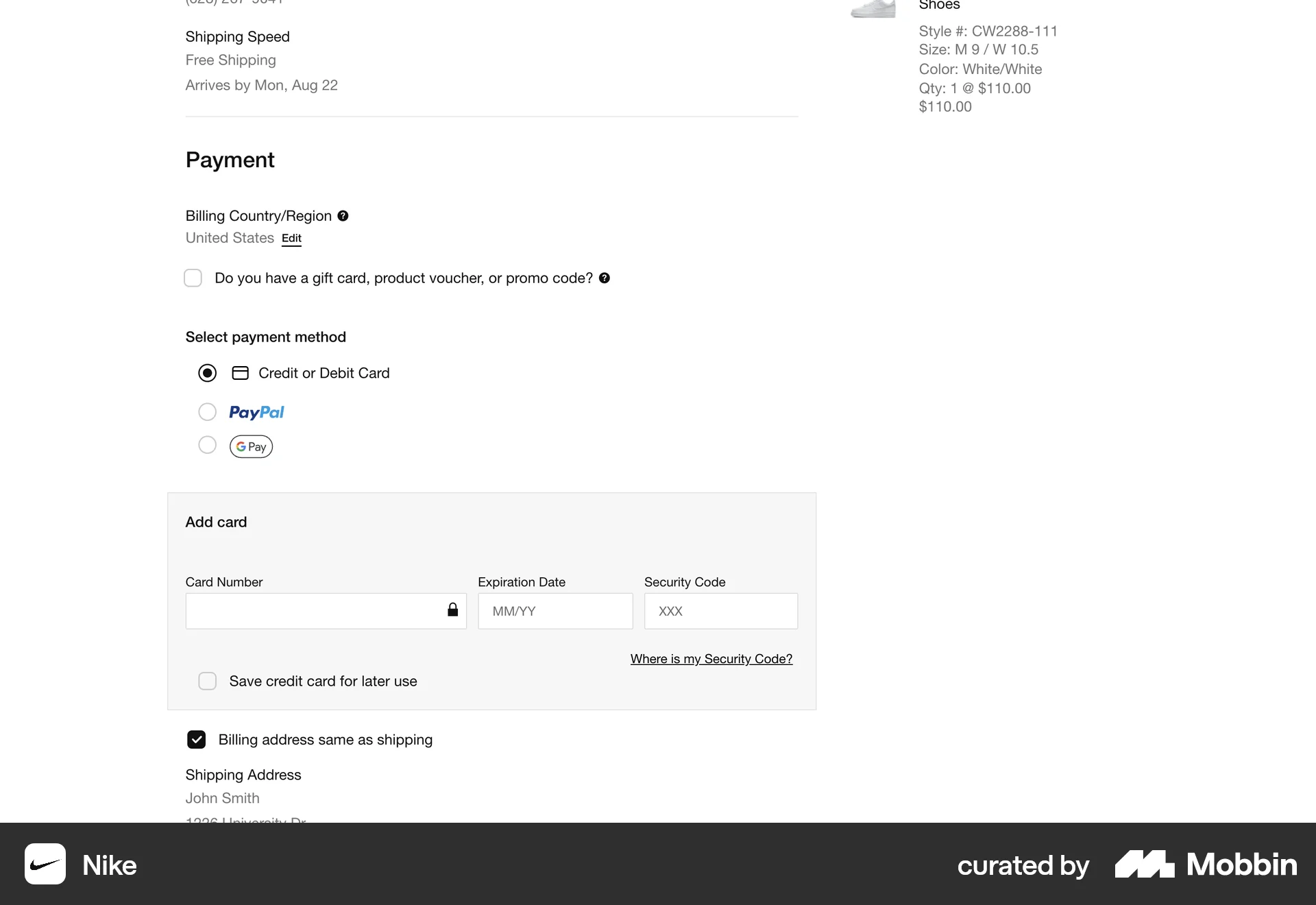 Nike Web Payment Method screen