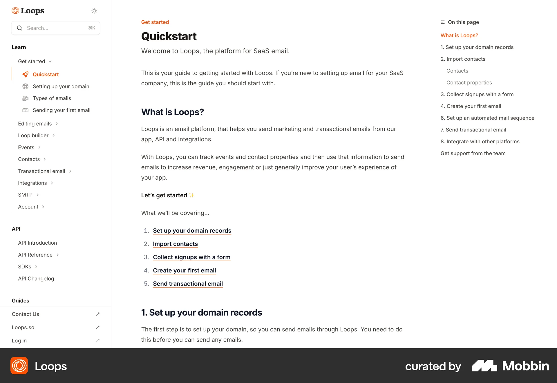 Loops Web screen containing Table of Contents UI element