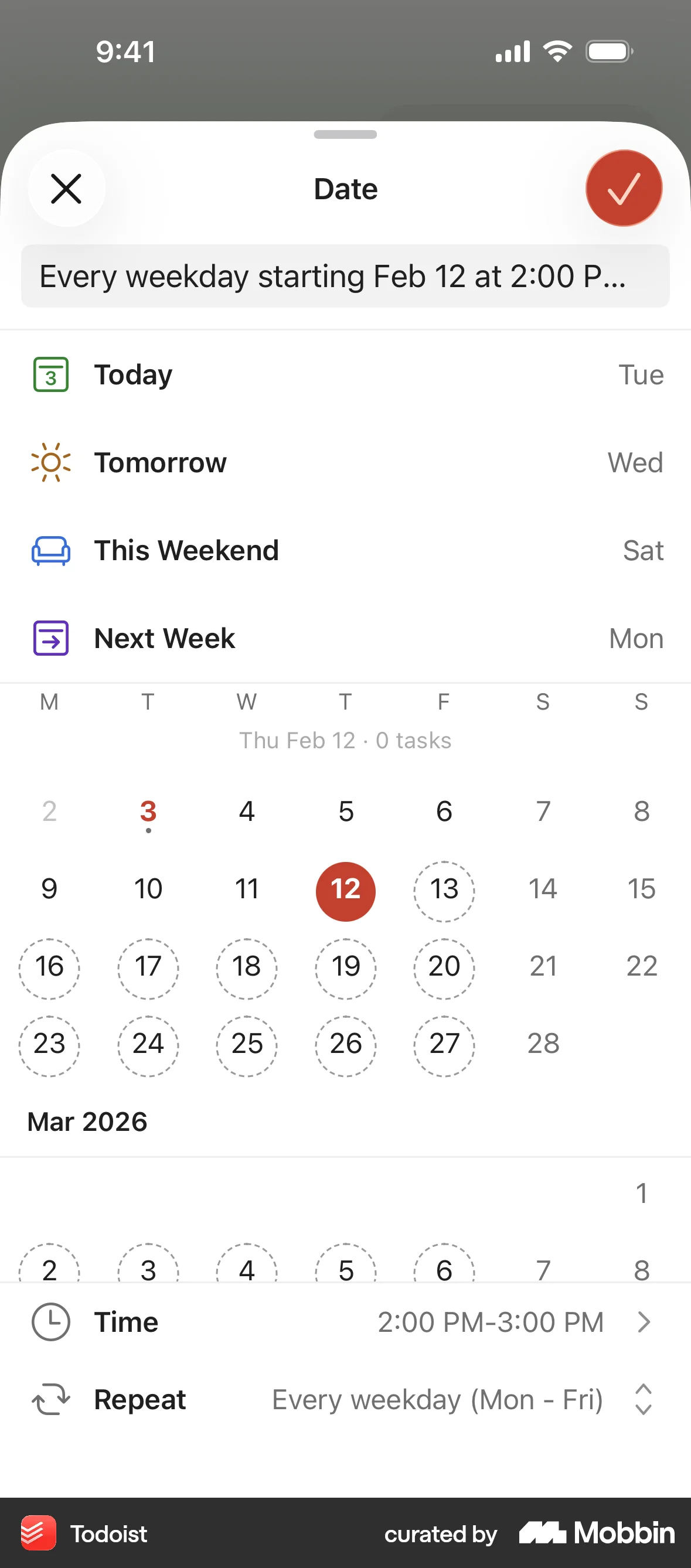 Todoist iOS Calendar screen