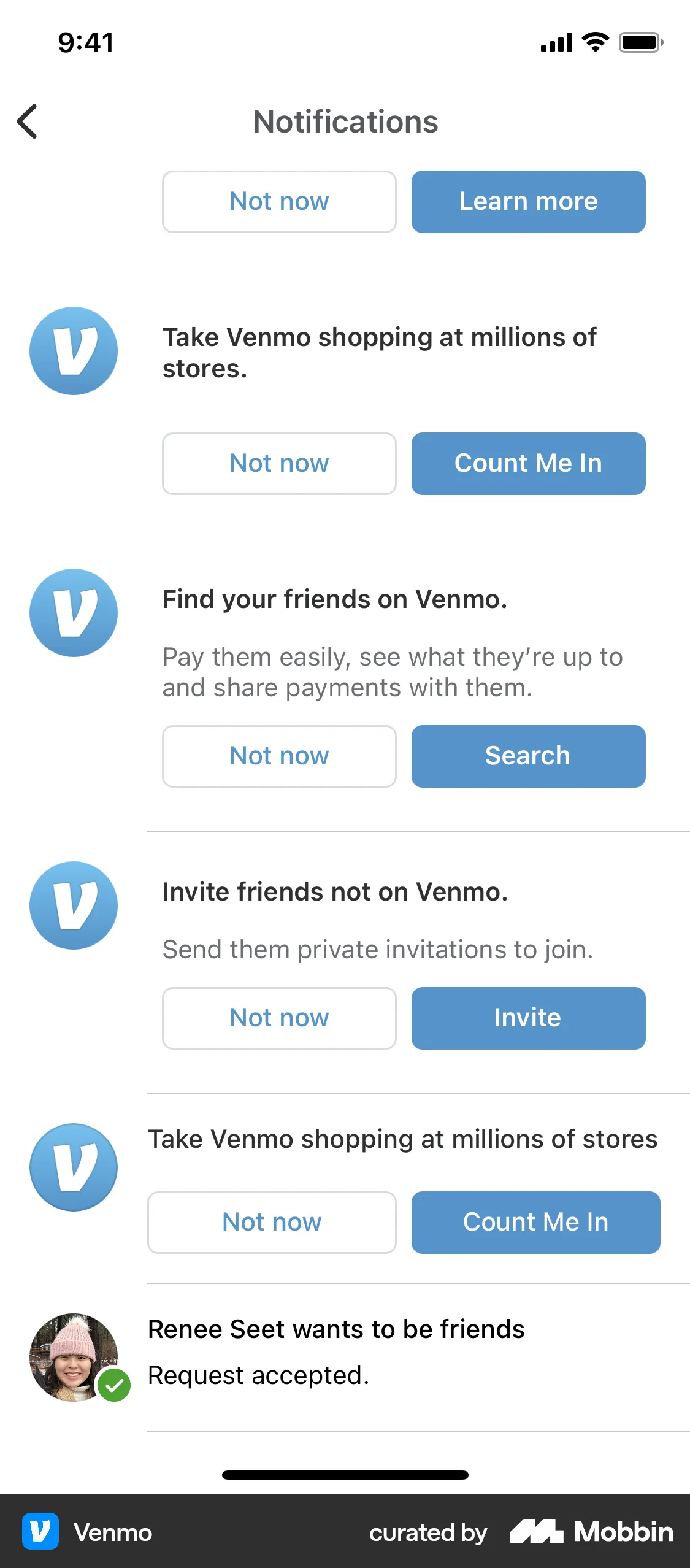 Venmo iOS Notifications screen