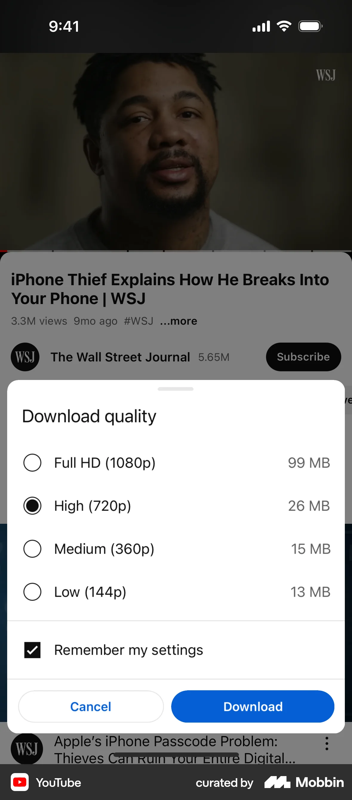 YouTube iOS Upload & Download screen