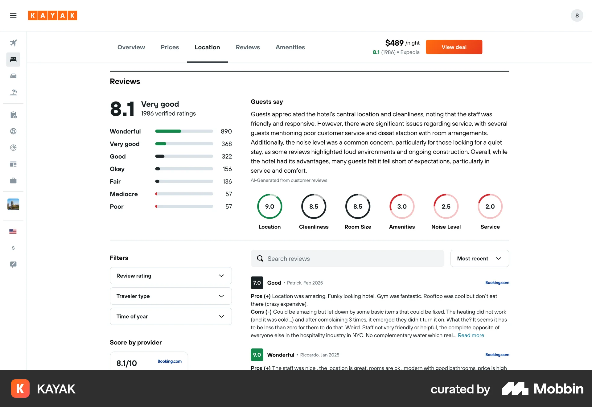 KAYAK Web Reviews & Ratings screen