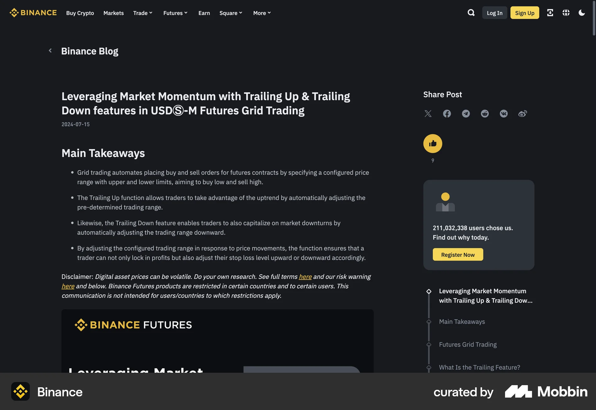 Binance Web Like & Upvote screen