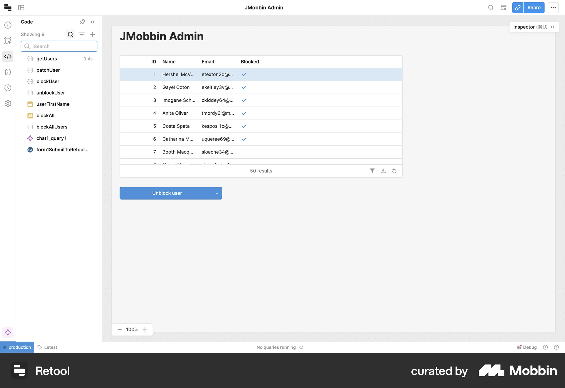 Retool Web Admin UI screen