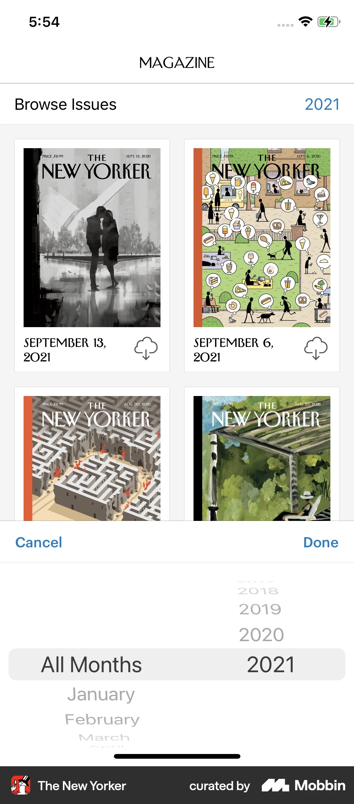 The New Yorker iOS screen containing Date Picker UI element