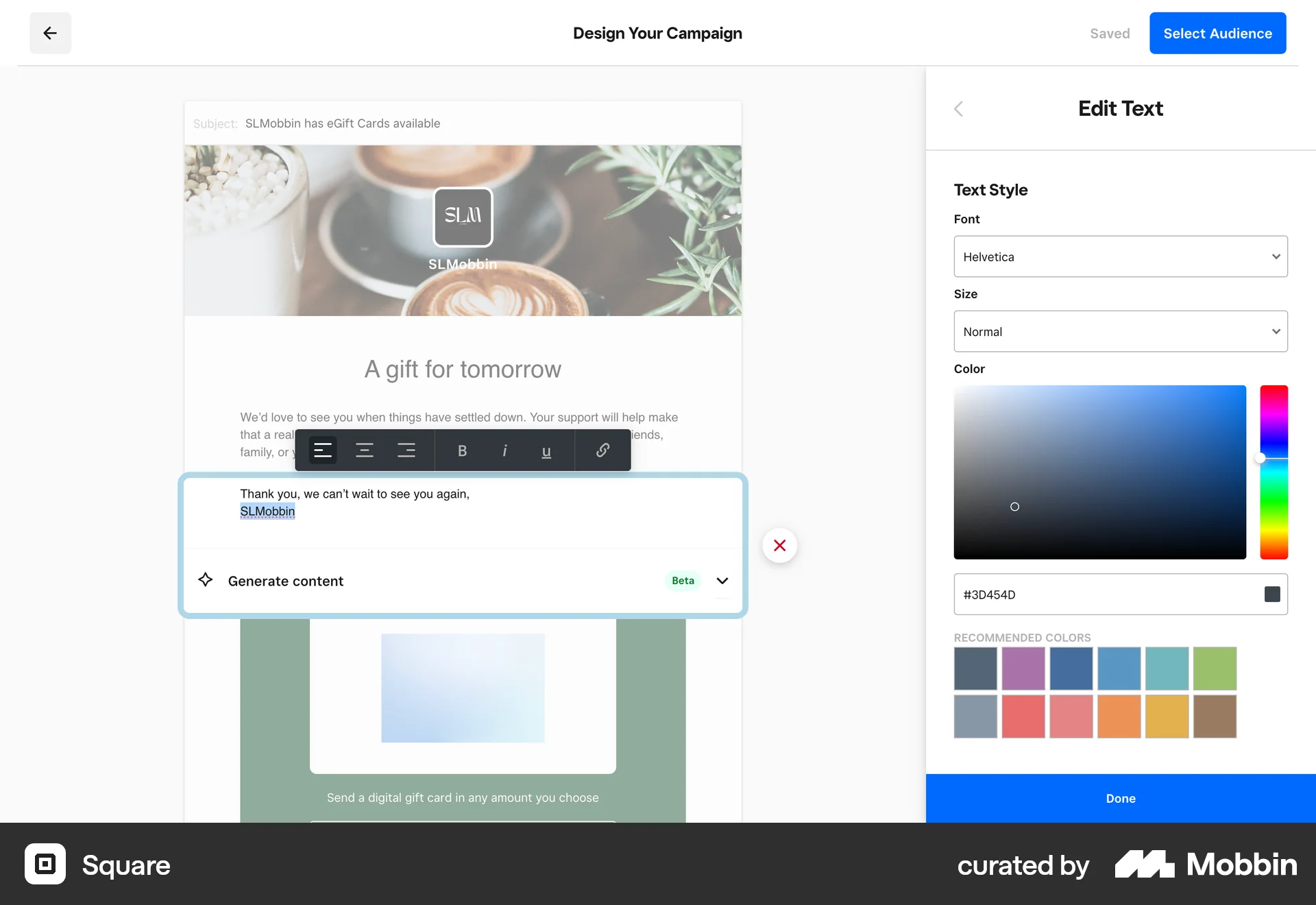 Square Web screen containing Color Picker UI element