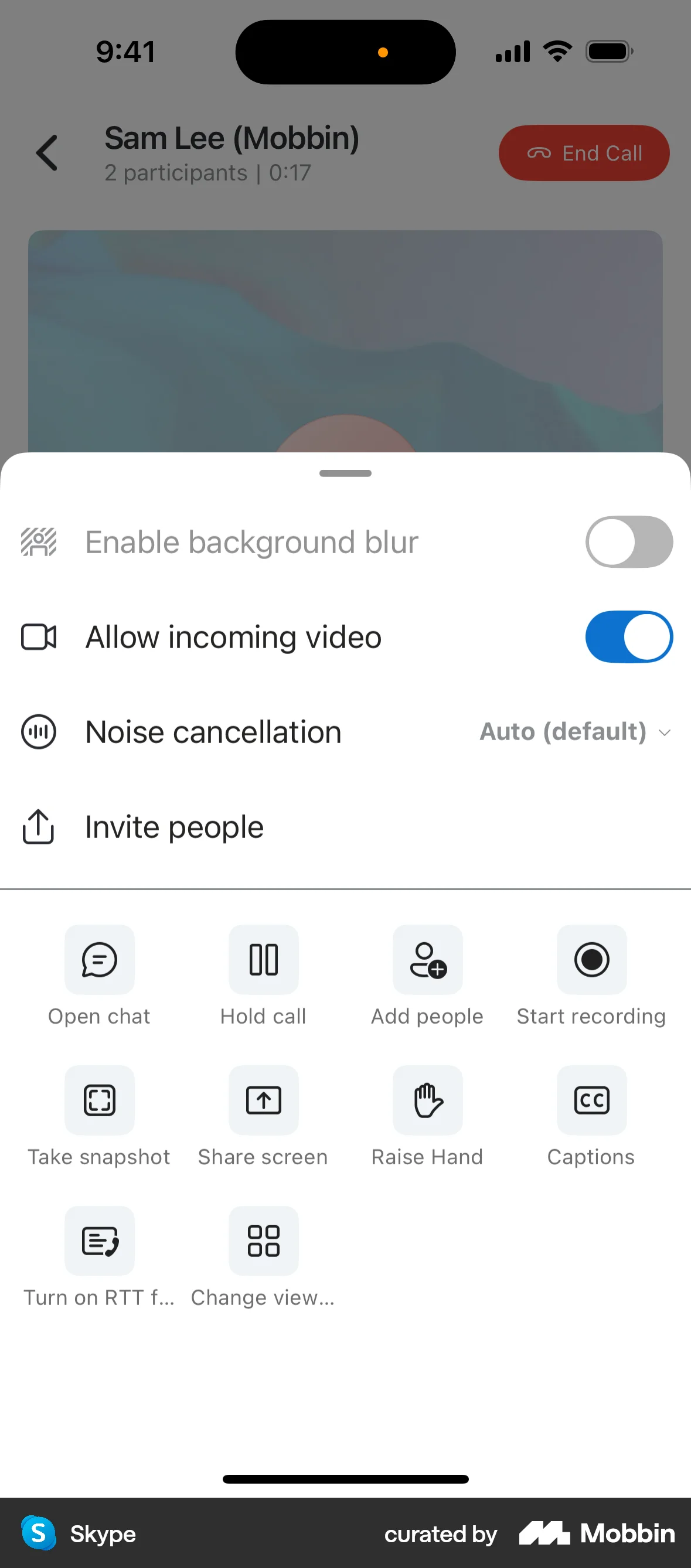 Skype iOS Action Option screen