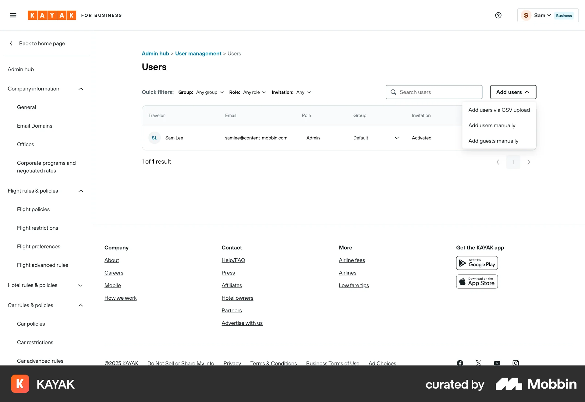 KAYAK Web Admin UI screen
