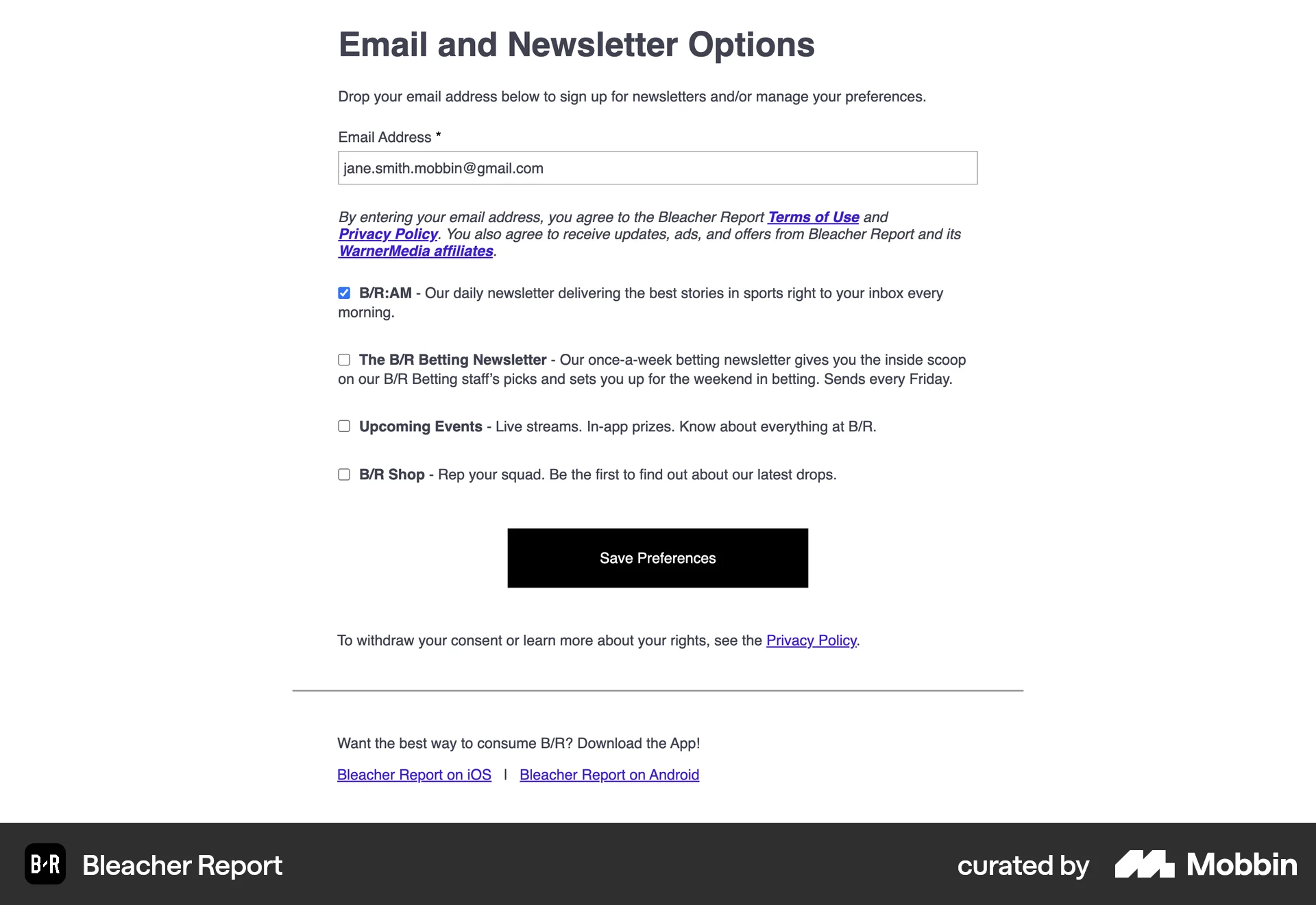 Bleacher Report Web Sports App screen