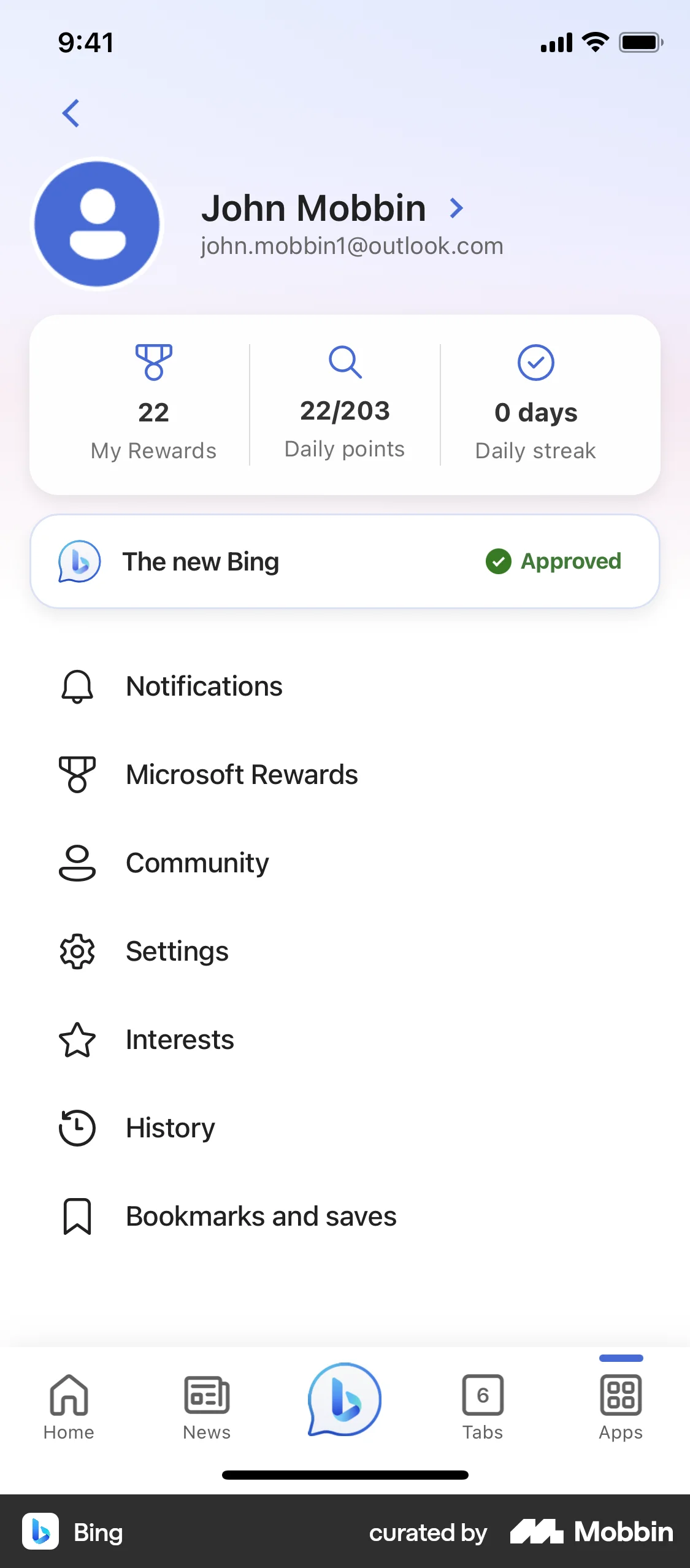 Bing iOS My Account & Profile screen