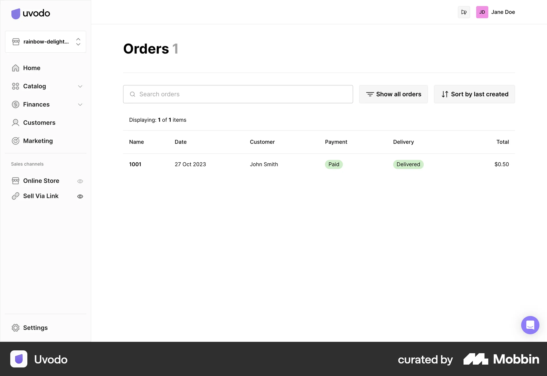 Uvodo Web Order History screen