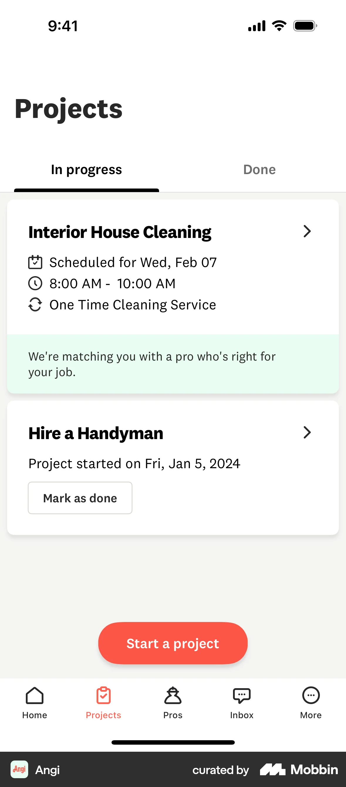 Angi iOS screen containing Tab UI element