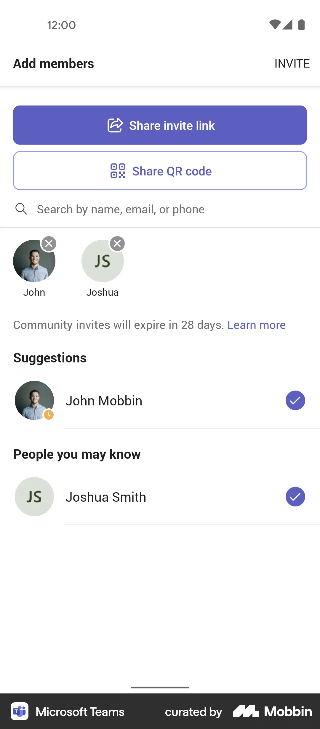Microsoft Teams Android Invite Teammates screen