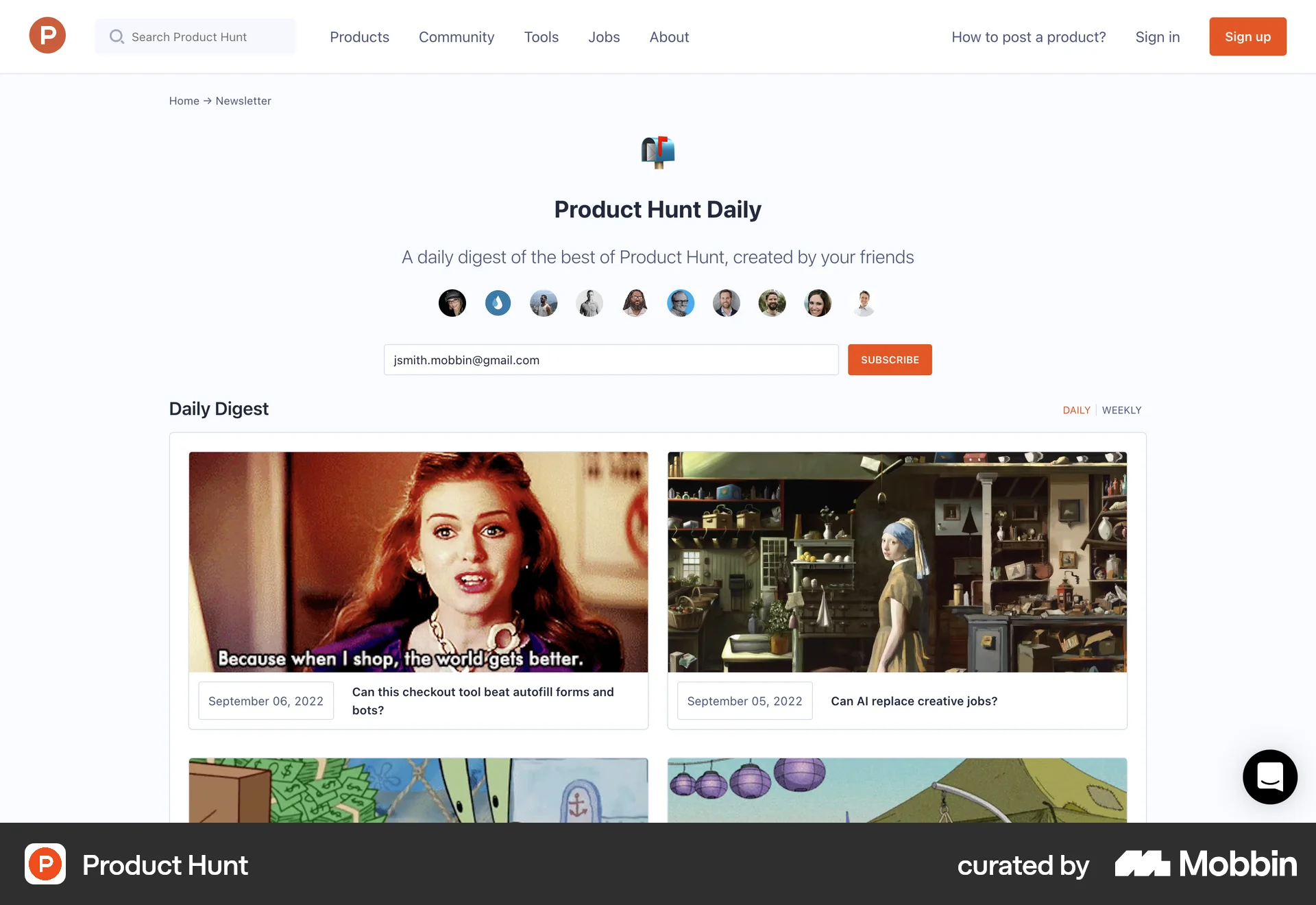 Product Hunt Web Follow & Subscribe screen